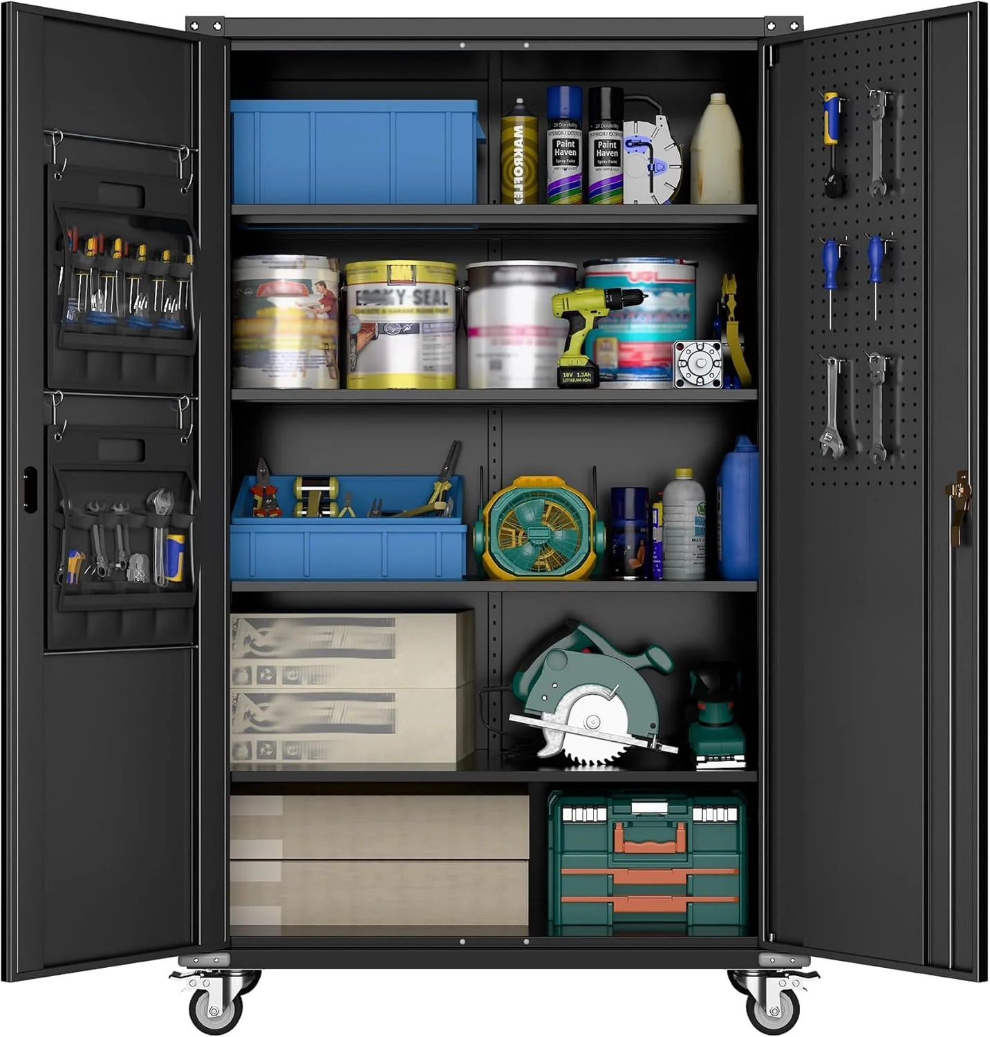 Aobabo Upgraded Garage Storage Cabinets with Wheels,Metal Storage Cabinets with 5 Adjustable Shelves for Garage Home Office Storage, Black,71''H*34''W*18''D,Assembly Required