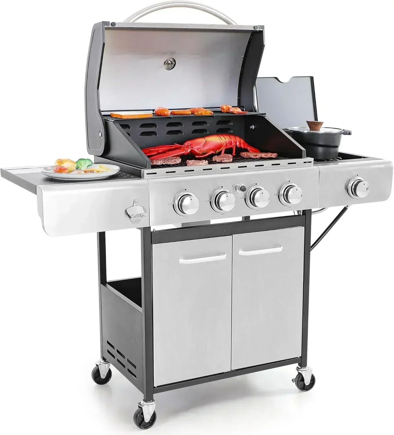 Captiva Designs 4-Burner Propane Gas BBQ Grill Side Burner Porcelain-Enameled Cast Iron Grates