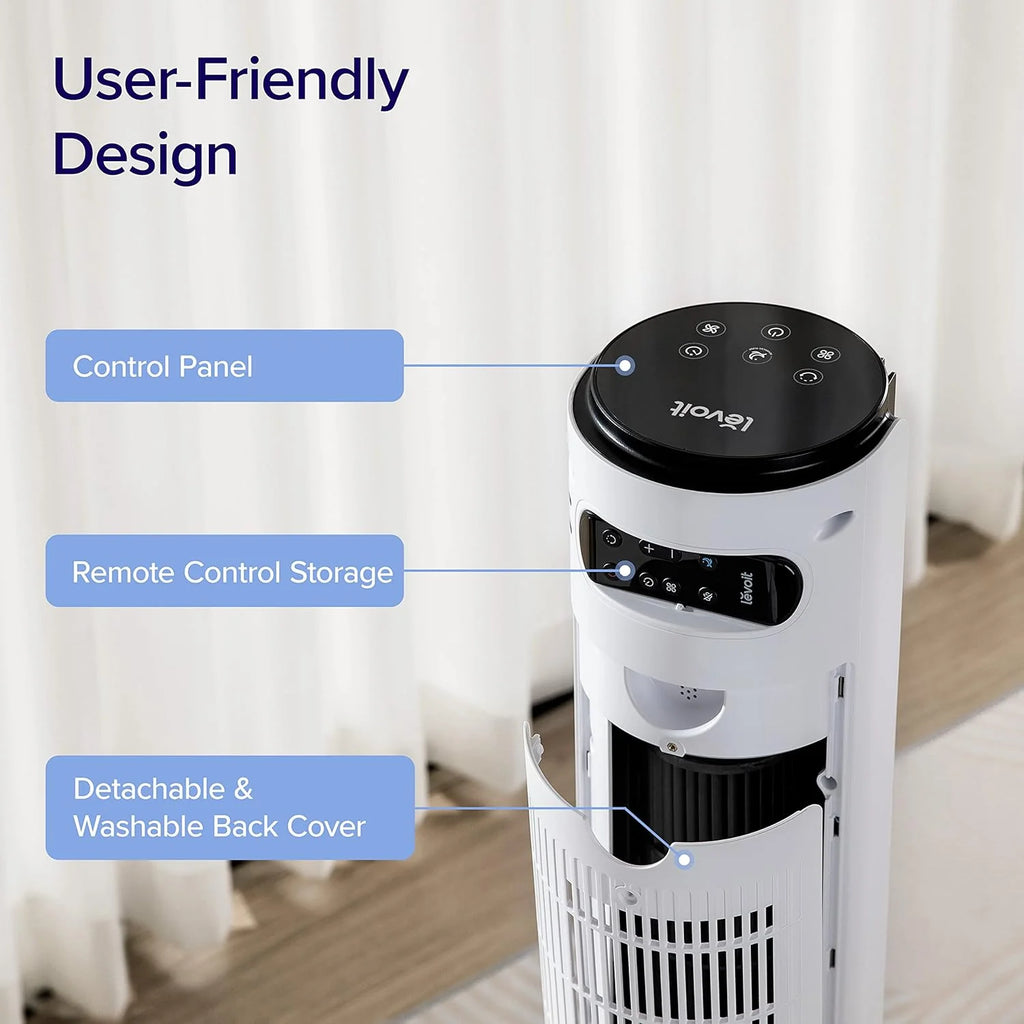 LEVOIT Tower Fan for Bedroom, Standing Fan with 28dB Quiet for Sleep, Remoter, 12H Timer, 25ft/s Velocity, 5 Speeds, 4 Modes, 90° Oscillation for Home, Office, Indoor, Bladeless 36 inch, White