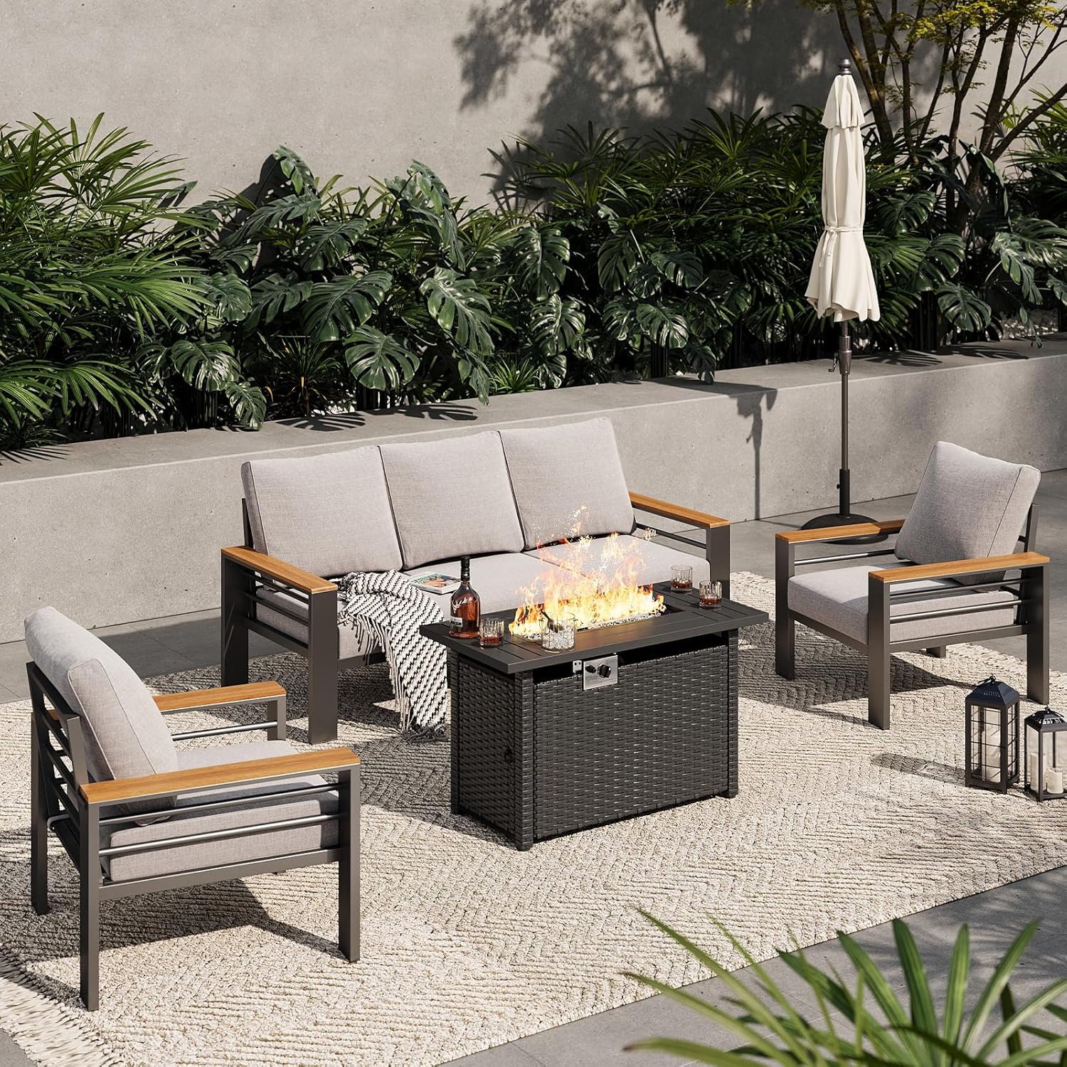 Aoxun Aluminum Outdoor Patio Furniture Set, 5 Seats Outdoor Sectional with Coffee Table, Patio Conversation Sets with Upgraded Armrests and Cushions for Backyard, Garden and Poolside