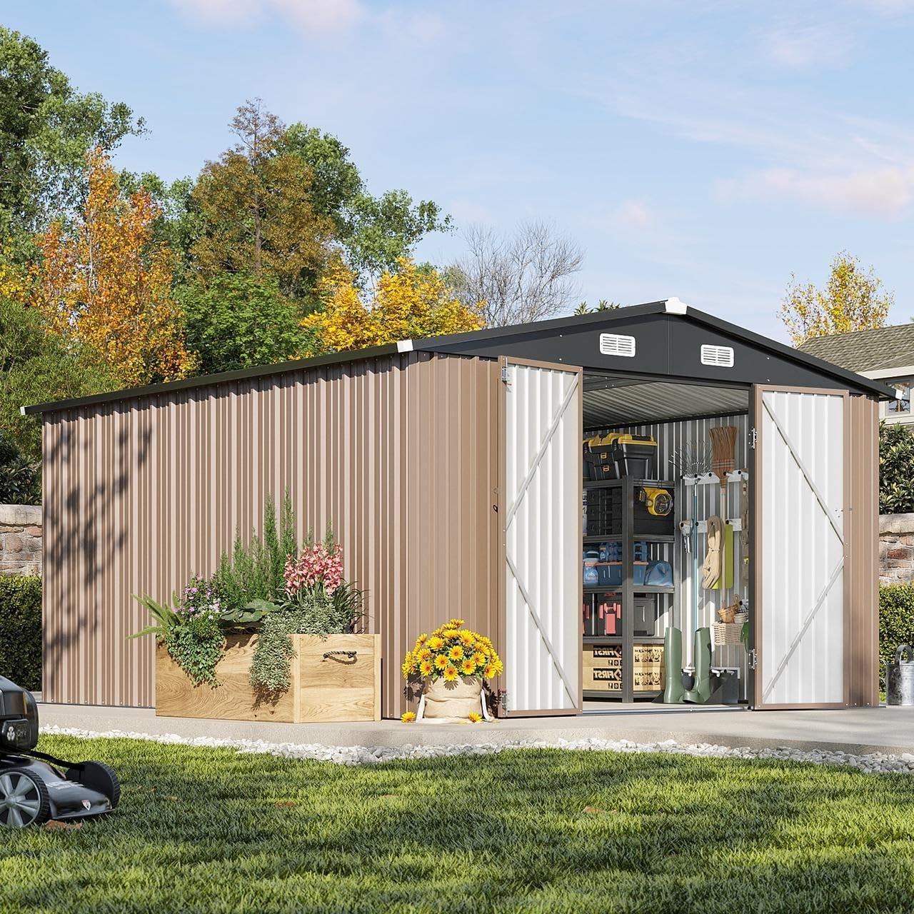 Aoxun 10 x 12FT Outdoor Storage Shed with Double Hinged Large Door Utility Garden Shed