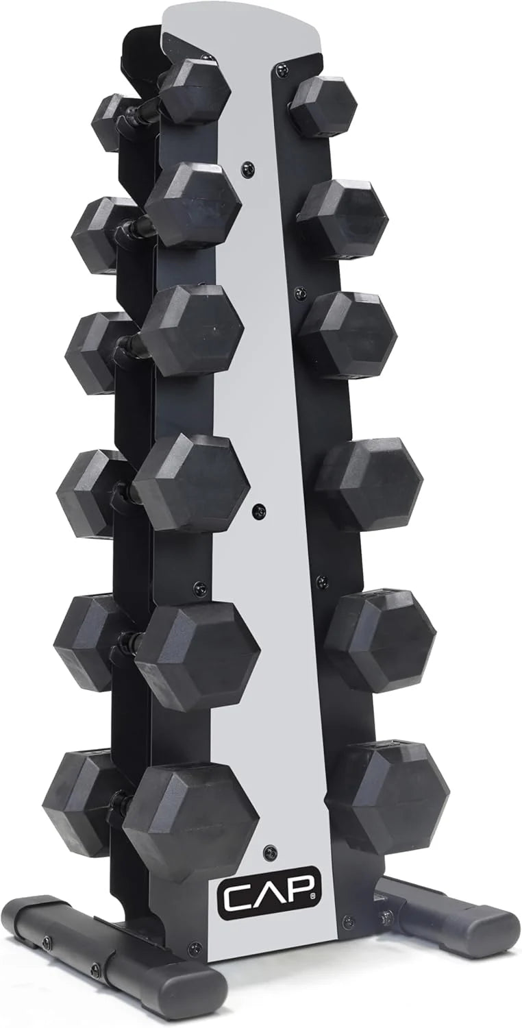 CAP Barbell Rubber Coated Dumbbell Weight Set with Vertical Rack | 100 lb, 150 lb, and 210 lb Options