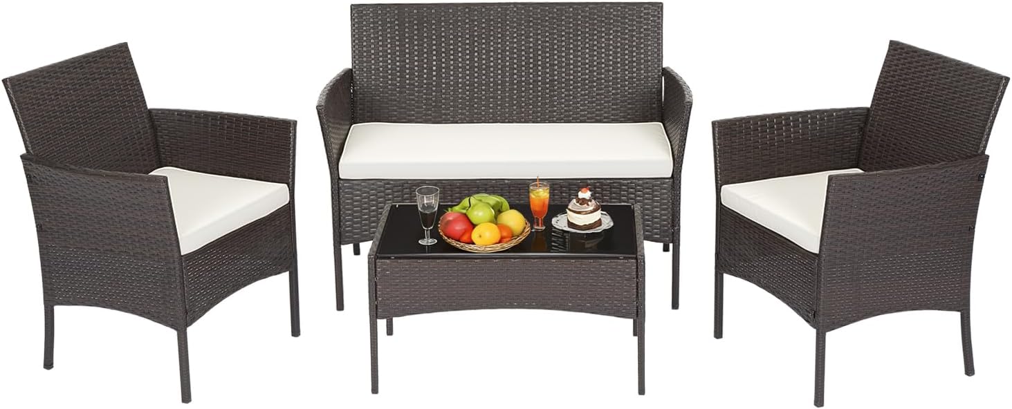 FDW | 4-Piece Patio Furniture Set | Black | Outdoor Wicker Furniture with Coffee Table | Modern Rattan Chairs Conversation Set | Outdoor Seating | Weather-Resistant | for Porch, Garden, Lawn