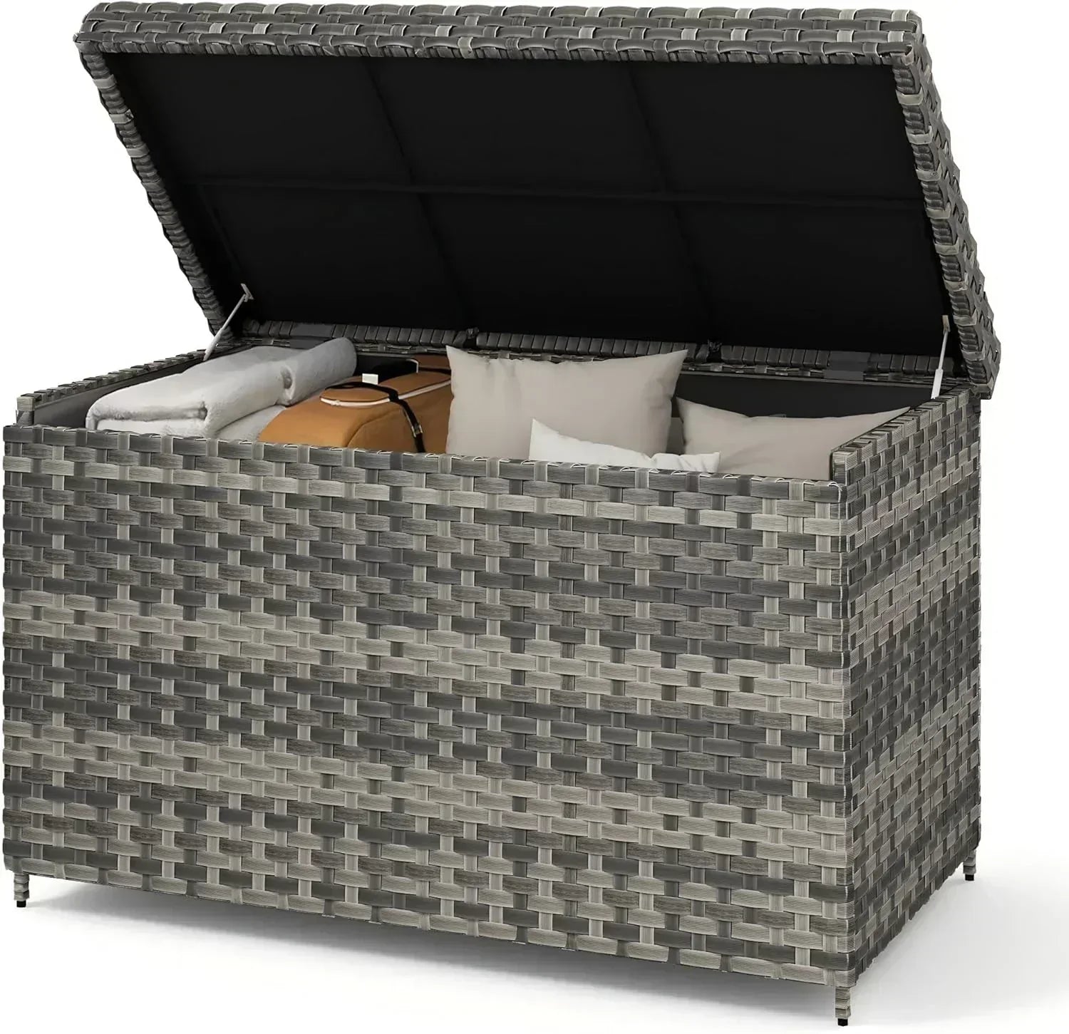 DWVO 70Gal Outdoor Storage Bench with Cushion Composite Wood Backrest Wicker Deck Bench