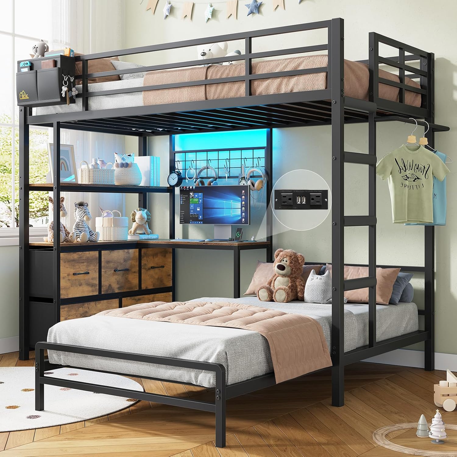 DICTAC Bunk Bed with L-Shaped Desk 5 Storage Drawers and 2 Shelves Metal Twin XL