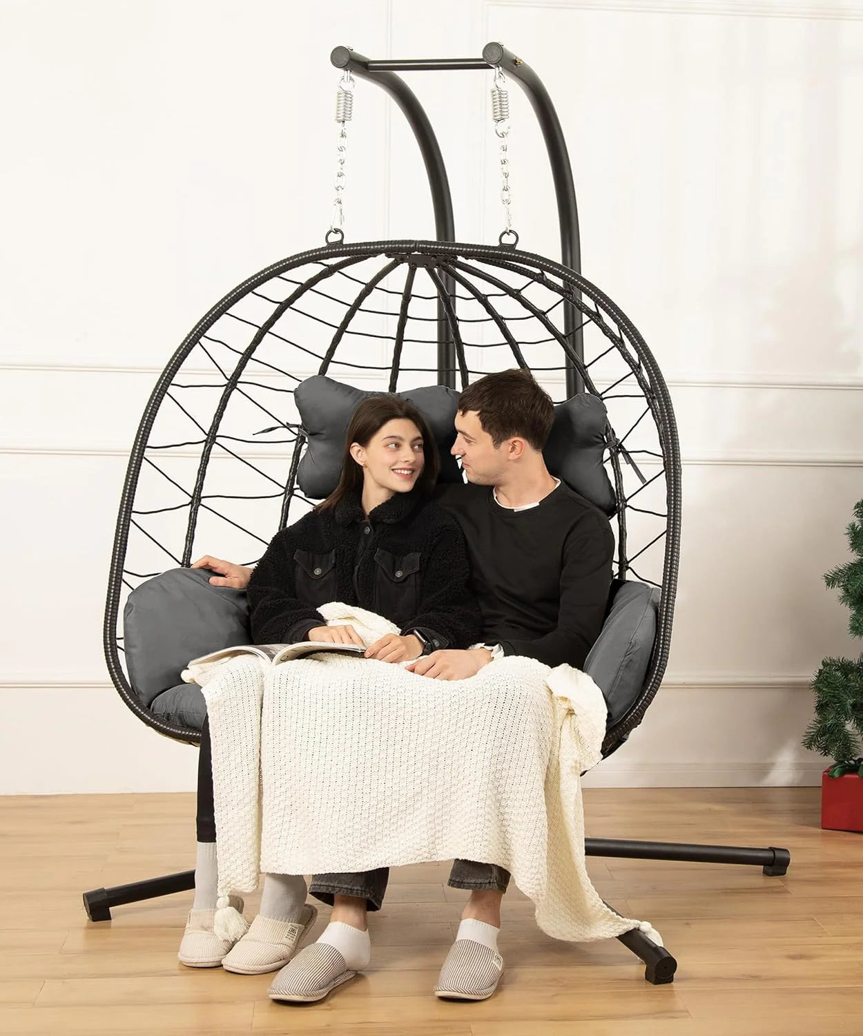 Double Egg Chair Hammock Swing Chair Foldable Hanging Loveseat UV Resistant Cushions