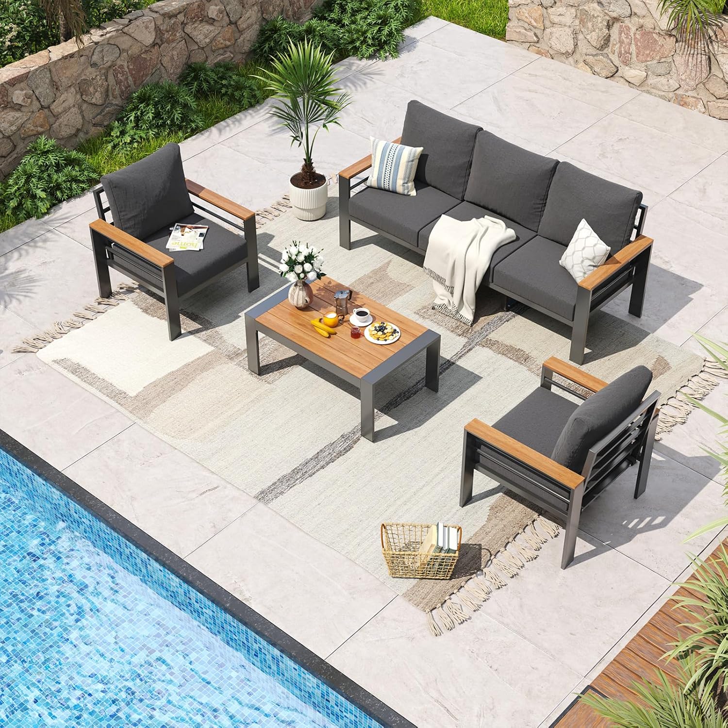 Aoxun Aluminum Patio Furniture Set 7 Seats, Oversized Outdoor Sectional with Washable Thick Cushions, Coffee Table and Waterproof Cover, Patio Conversation Sets for Porch, Balcony, Deck