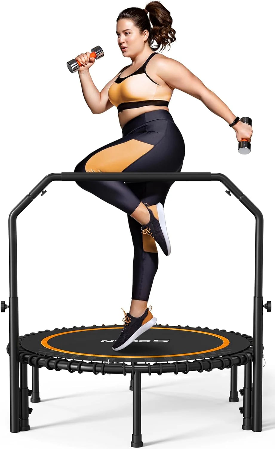 BCAN 450/550 LBS Foldable Mini Trampoline, 40/48 Fitness Trampoline with Bungees, U Shape Adjustable Foam Handle, Stable & Quiet Exercise Rebounder for Adults Indoor/Outdoor Workout