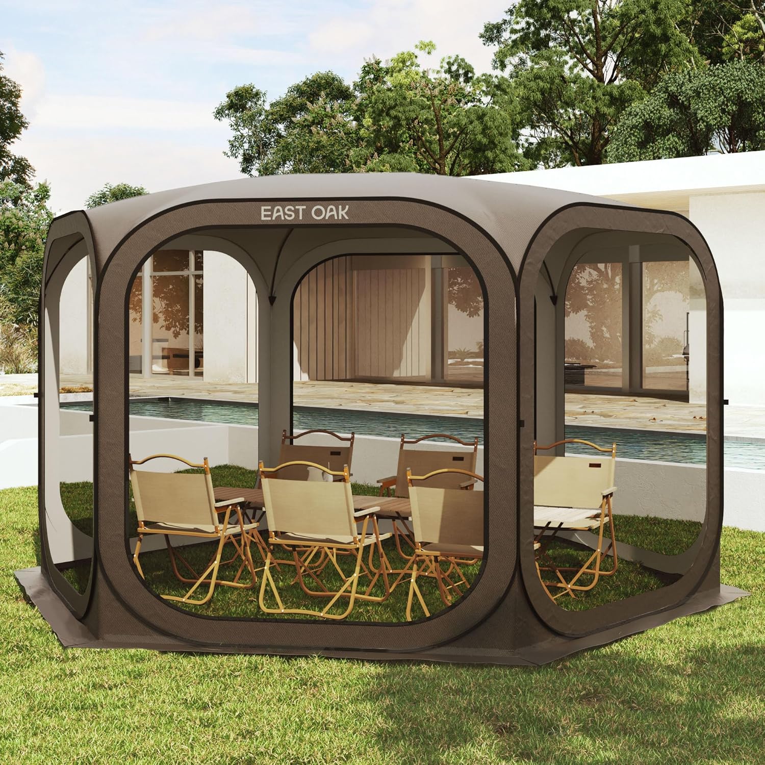 EAST OAK Screen House Tent Pop-Up, Portable Screen Room Canopy Instant Screen Tent 10 x 10 FT with Carry Bag for Patio, Backyard, Deck & Outdoor Activities, Beige
