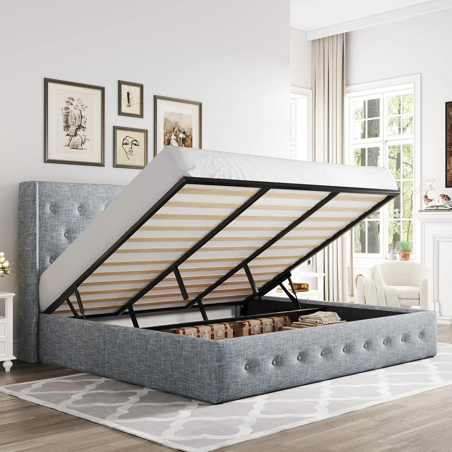Allewie Queen Size Lift Up Storage Bed Modern Wingback Headboard Hydraulic Support