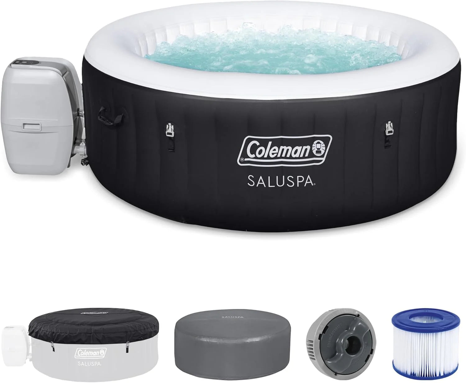 Coleman SaluSpa Miami AirJet 2 to 4 Person Round Inflatable Hot Tub Portable Outdoor Spa with 120 Soothing AirJets and Insulated Cover, Black
