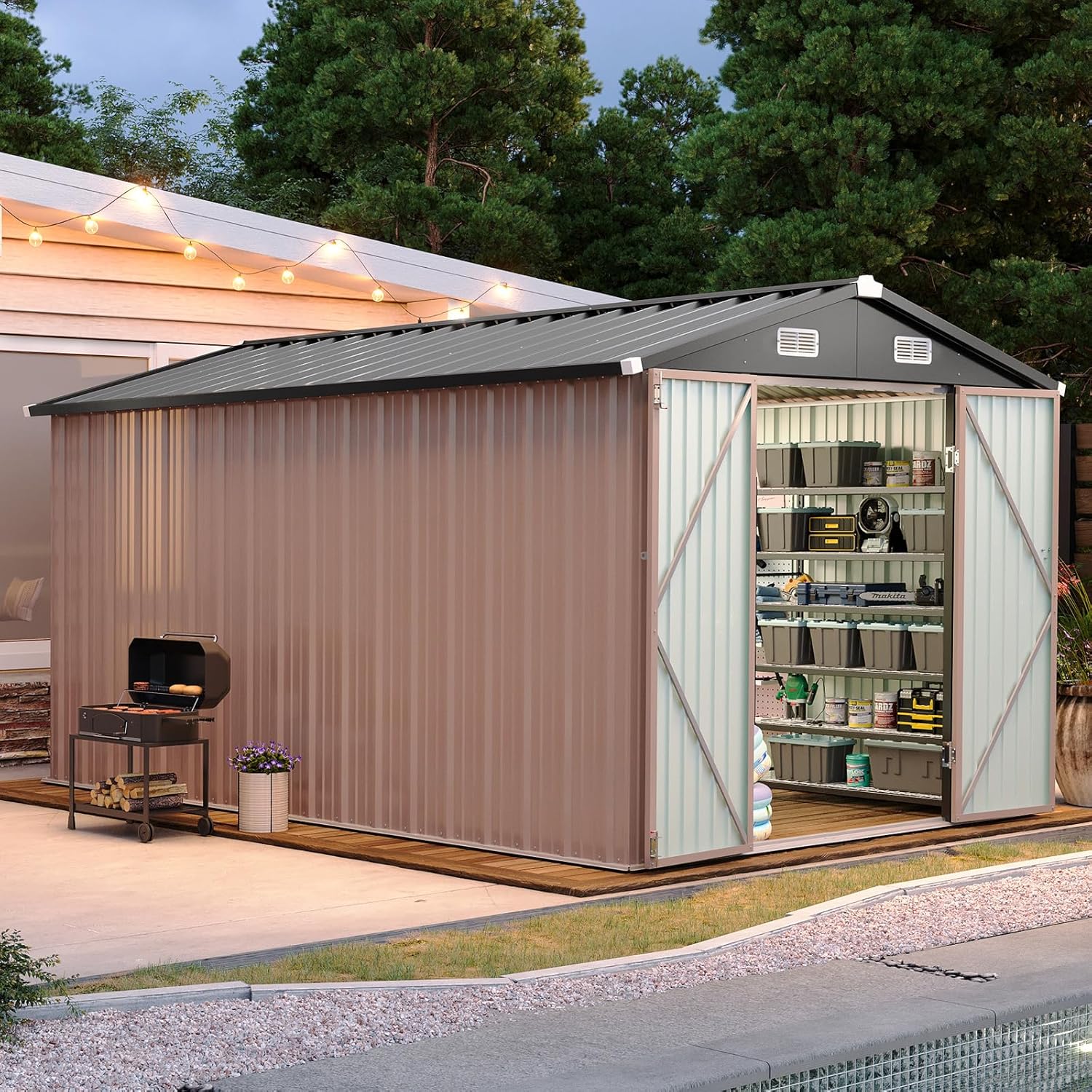 Aoxun 12x10 FT Shed Metal Outdoor Waterproof Storage Shed Steel Utility Garden Tool Shed
