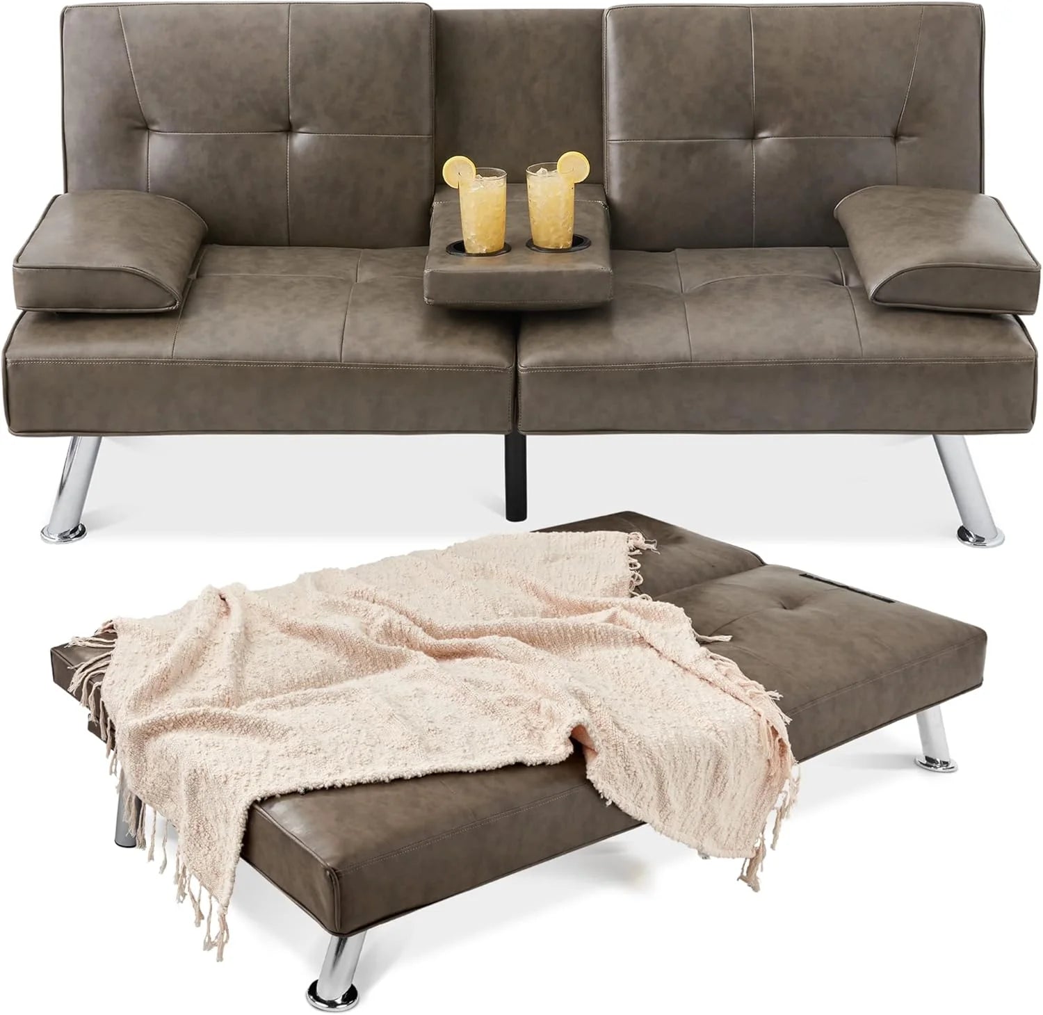 Best Choice Products Faux Leather Upholstered Modern Convertible Futon, Adjustable Folding Sofa Bed