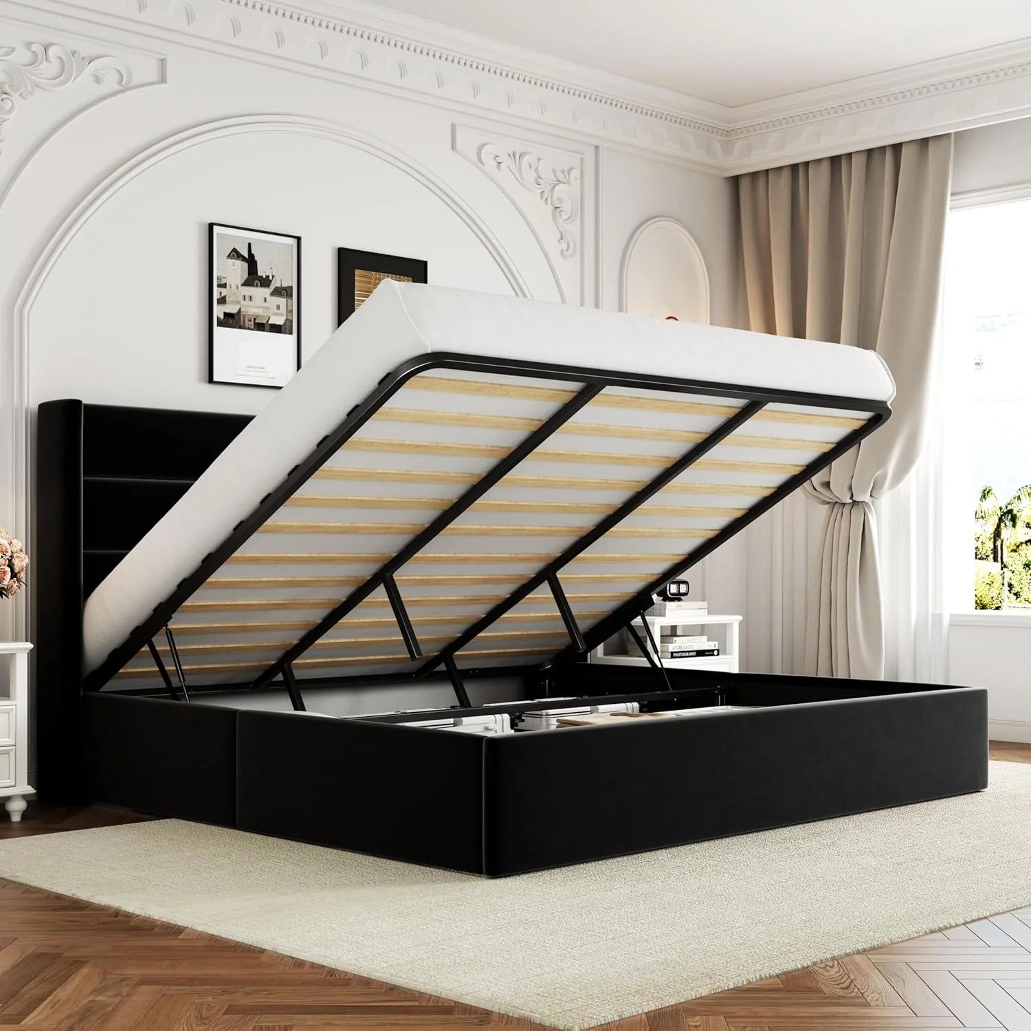 Allewie Queen Size Lift Up Storage Bed Modern Wingback Headboard Hydraulic Support