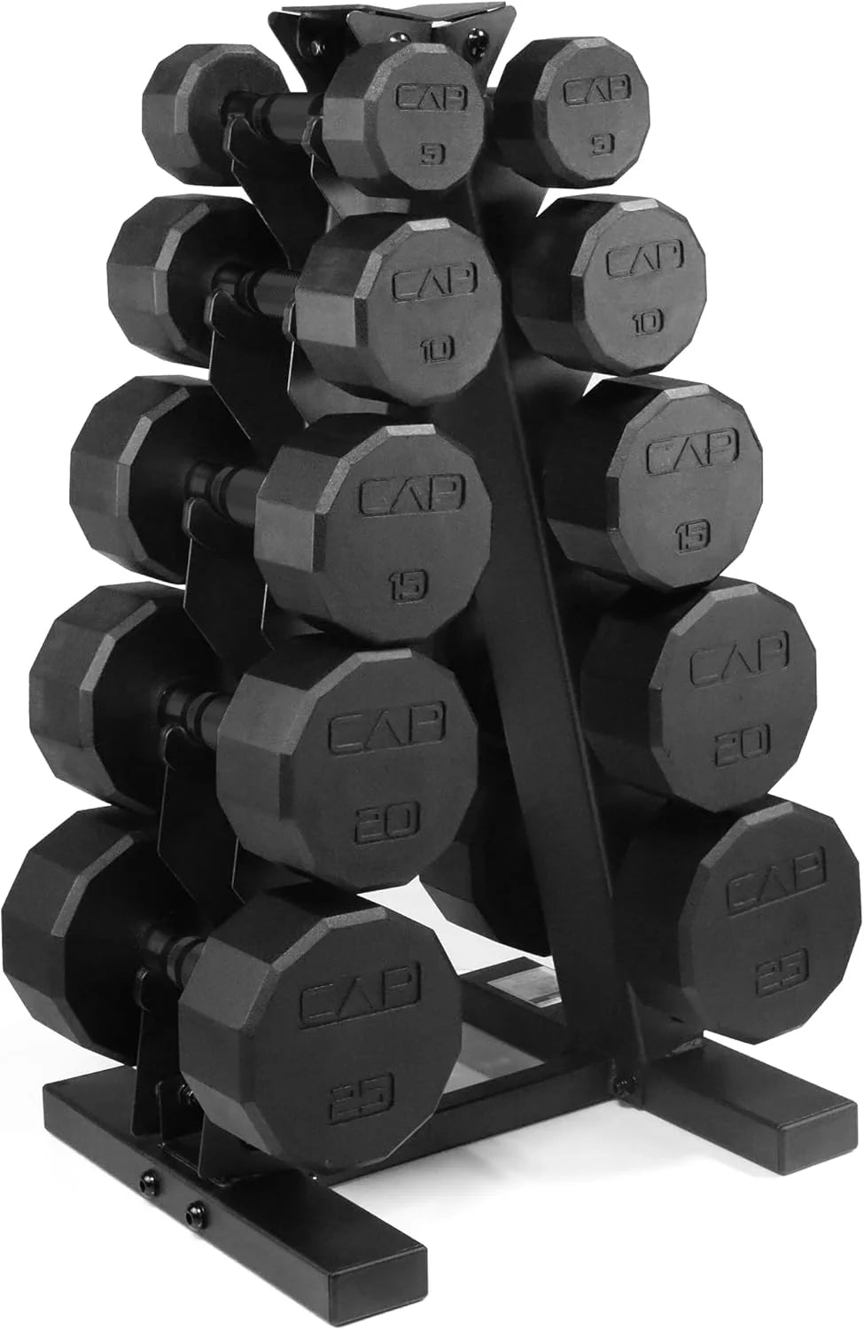 CAP Barbell Rubber Coated Dumbbell Weight Set with Vertical Rack | 100 lb, 150 lb, and 210 lb