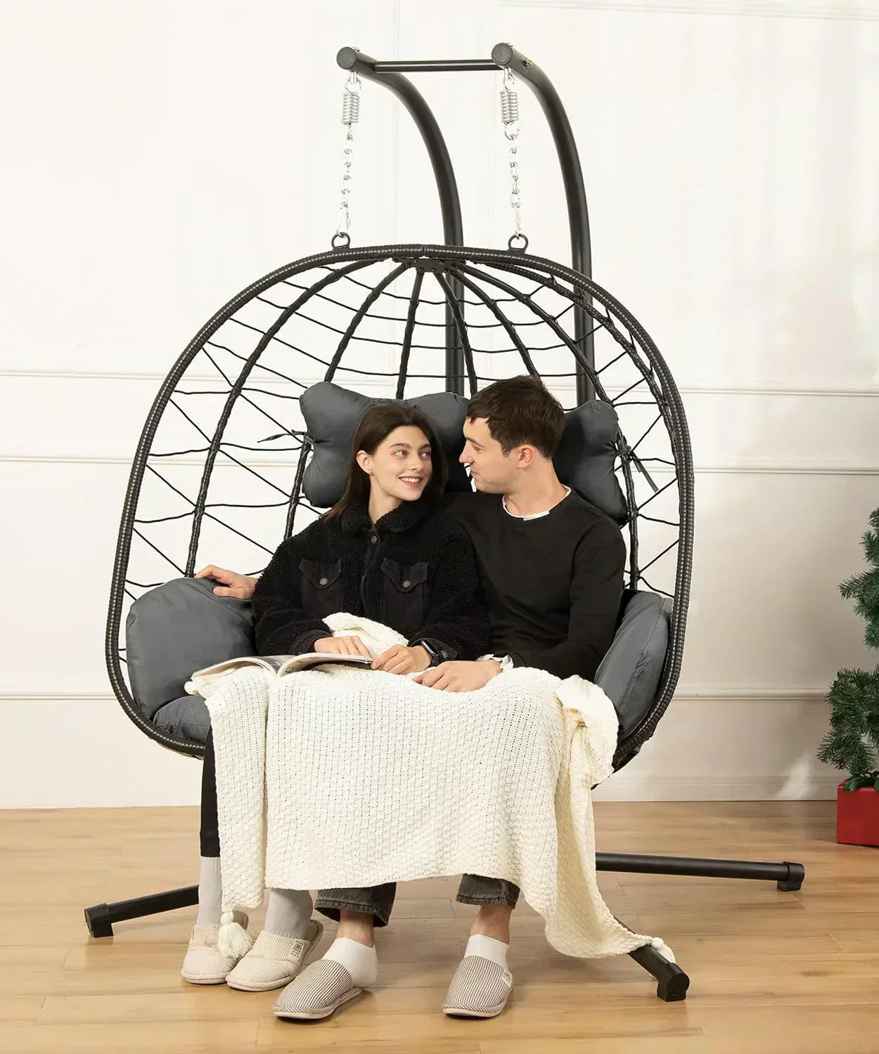 Double Egg Chair wth Stand Hammock Swing Chair Foldable Hanging Loveseat UV Resistant