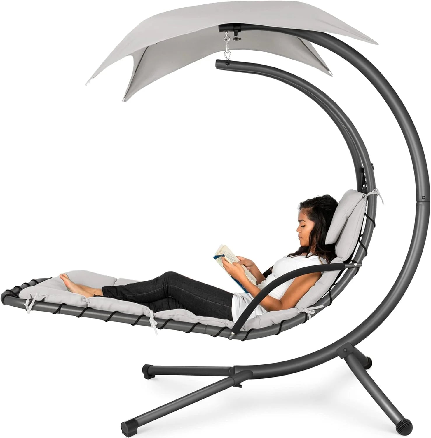 Best Choice Products Outdoor Hanging Curved Steel Chaise Lounge Chair Swing w/Built-in Pillow and Removable Canopy - Charcoal Gray