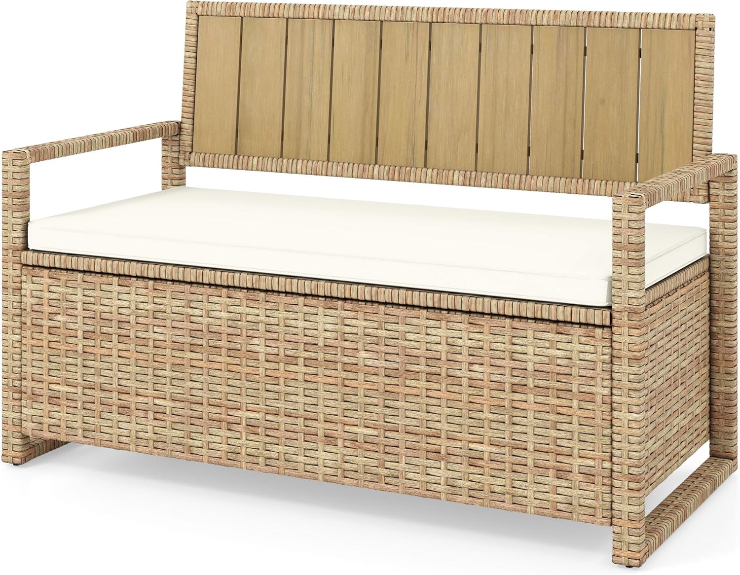 DWVO 70Gal Outdoor Storage Bench with Cushion Composite Wood Backrest Wicker Deck Bench