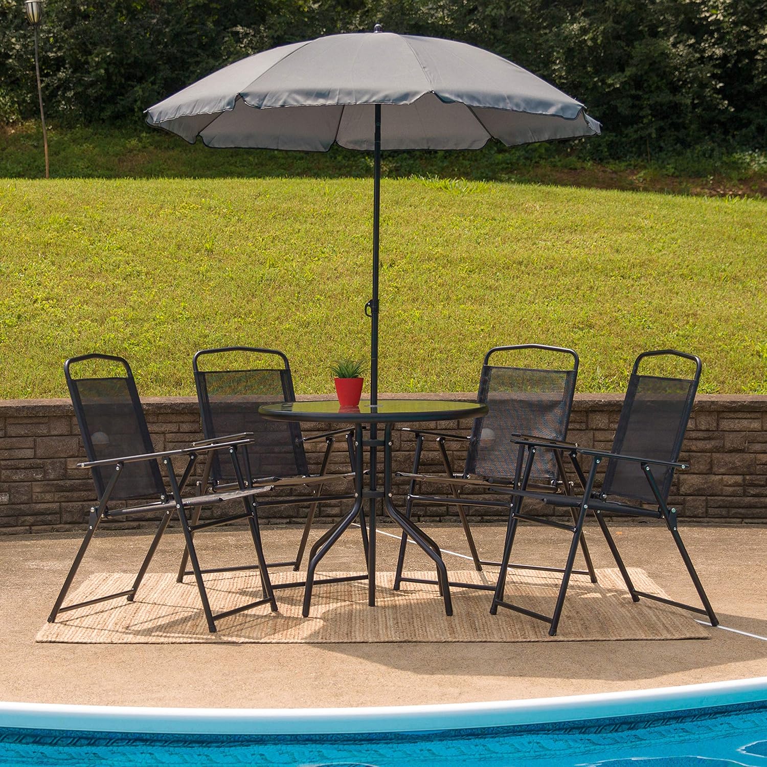 EMMA + OLIVER 6 Piece Brown Patio Garden Set with Umbrella Table Set of 4 Folding Chairs