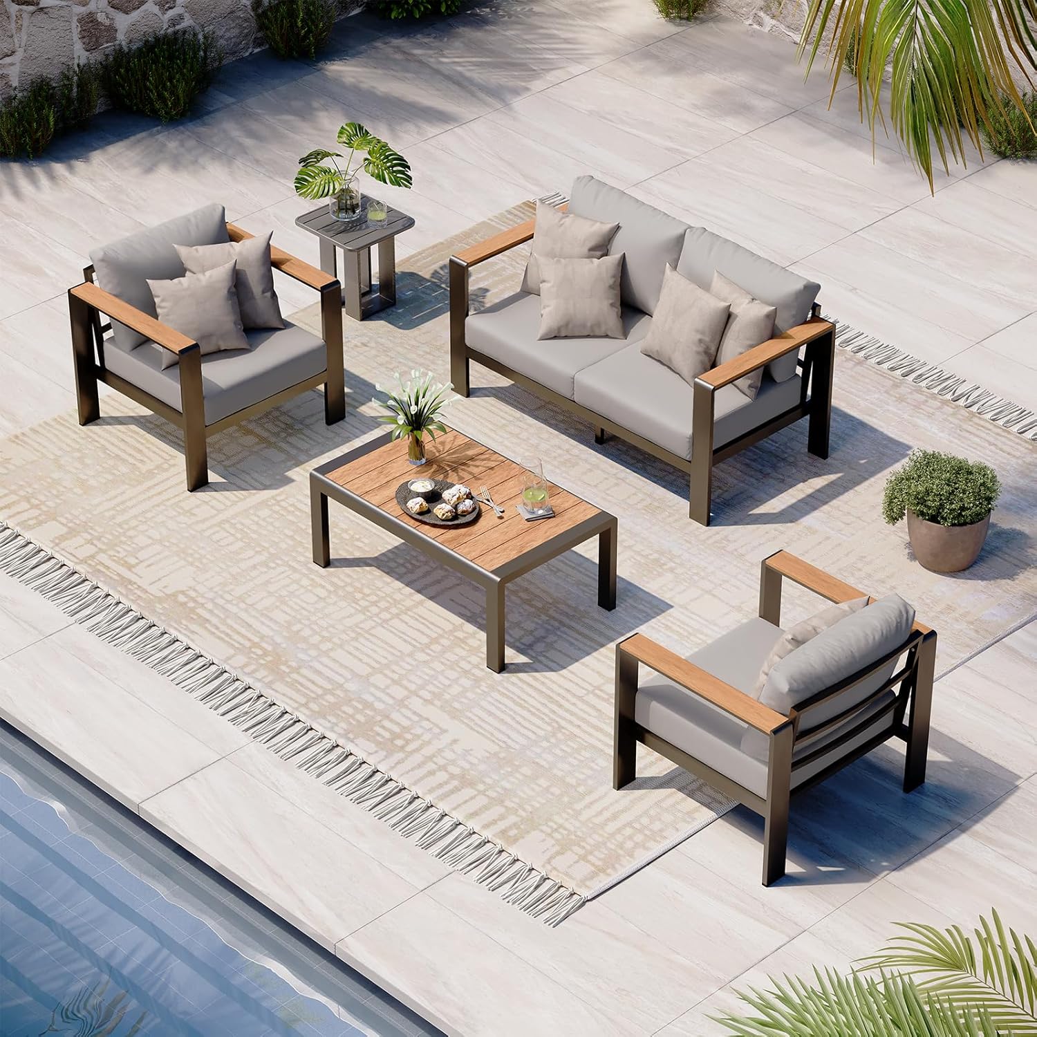 Aluminum Outdoor Patio Furniture Set with Coffee Table, 4 Piece Patio Conversation Sets with Washable Thick Cushions