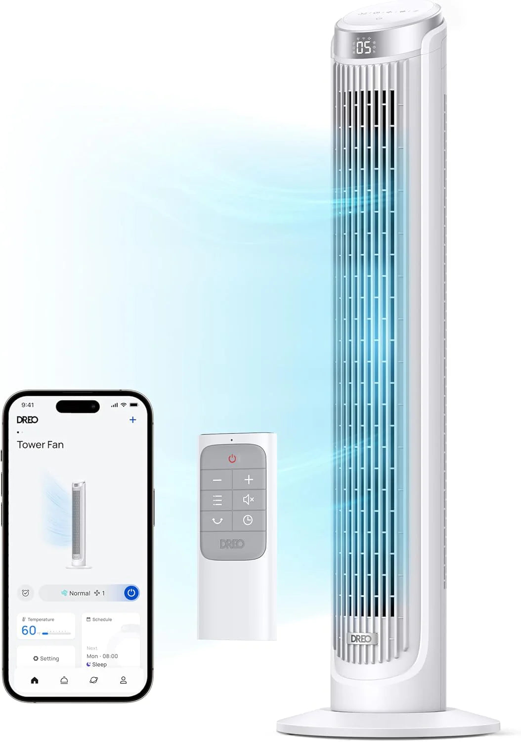 DREO Smart Tower Fan for Bedroom, Standing Fans for Indoors, 90° Oscillating, 26ft/s Velocity Quiet Floor Fan with Remote, 12H Timer, Voice Control Fans for Indoors, Compatible with Alexa