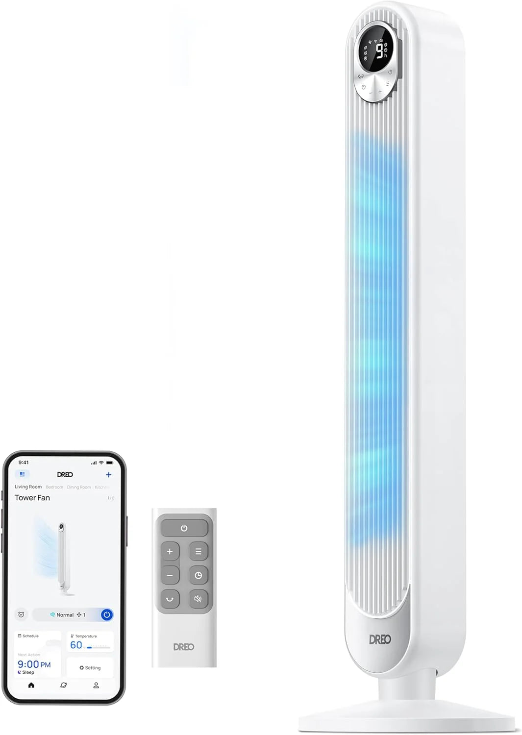 Dreo Smart Tower Fan WiFi Voice Control, Works with Alexa/Google,Floor Standing Bladeless Oscillating Fan with Remote, 6 Speeds, 4 Modes, 12H Timer, for Indoor Bedroom Home Office