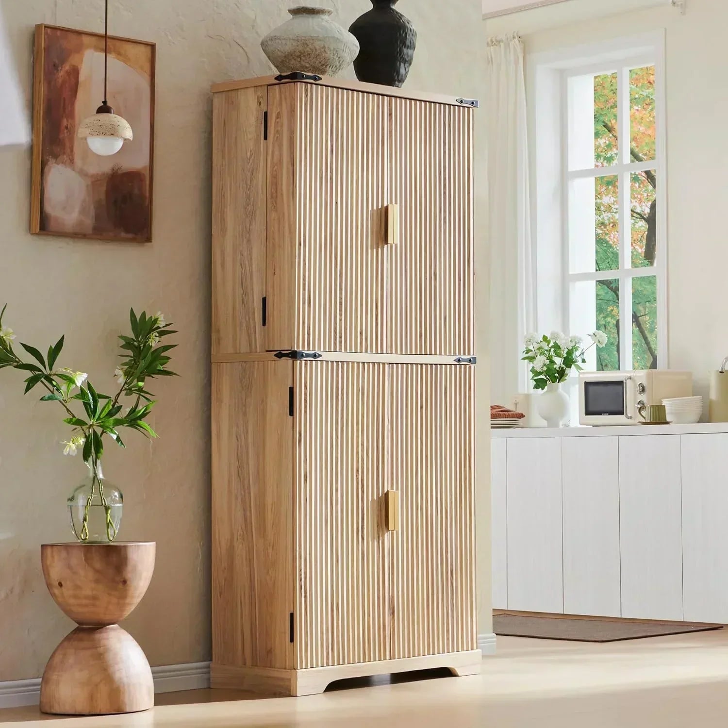 Fluted Pantry Cabinet 72 Tall Modern Storage Cabinet with 4 Doors Organizer Drawer