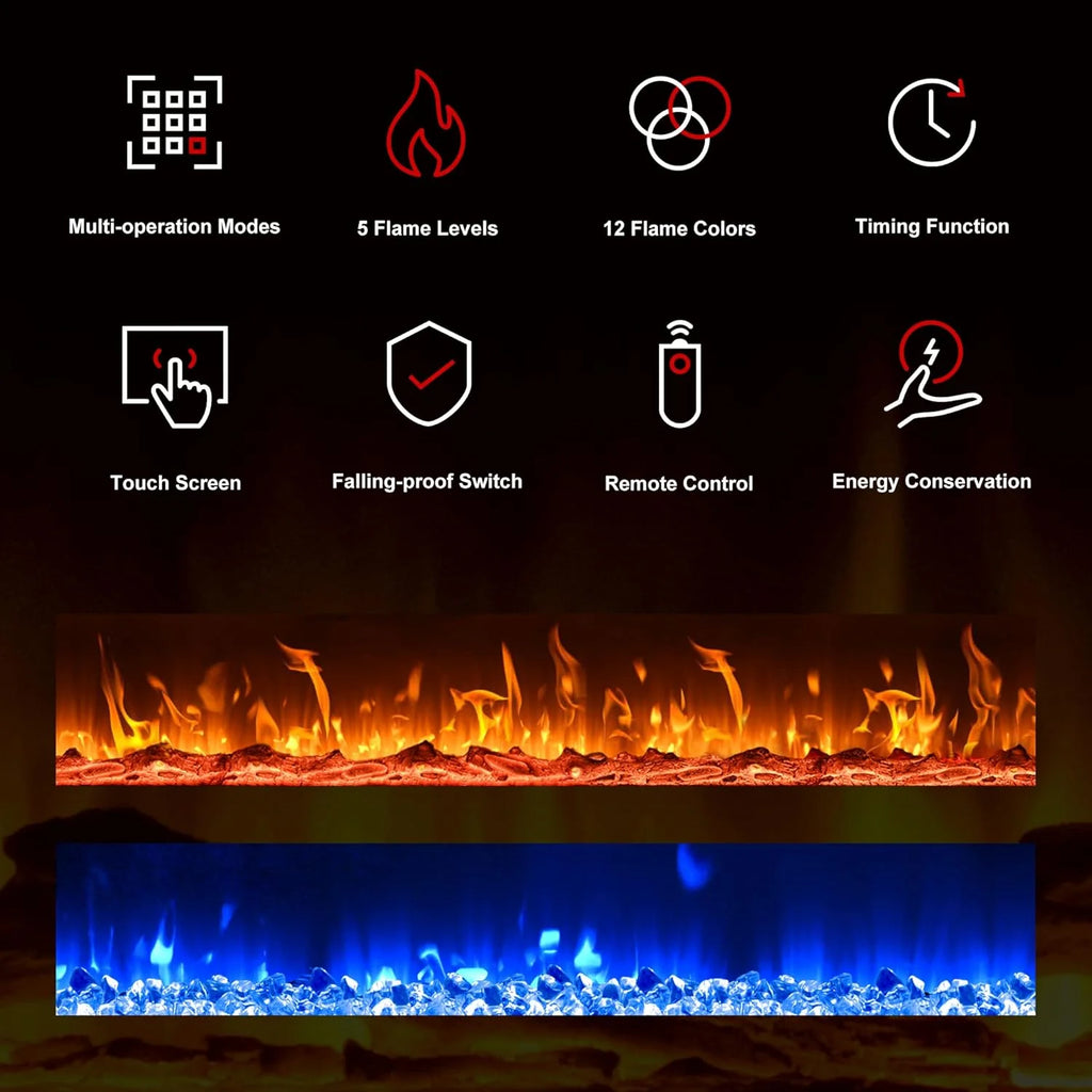 EUHOMY 50 Inch Electric Fireplace Wall Recessed and Wall Mounted with Adjustable Flame Color, Fireplace Heater with Remote Control, Linear Fireplace with Timer, Touch Screen, Log & Crystal, 750/1500W