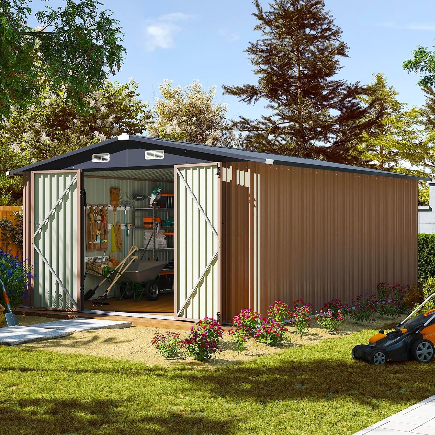 Aoxun 12x10 FT Shed Metal Outdoor Waterproof Storage Shed Steel Utility Garden Tool Shed