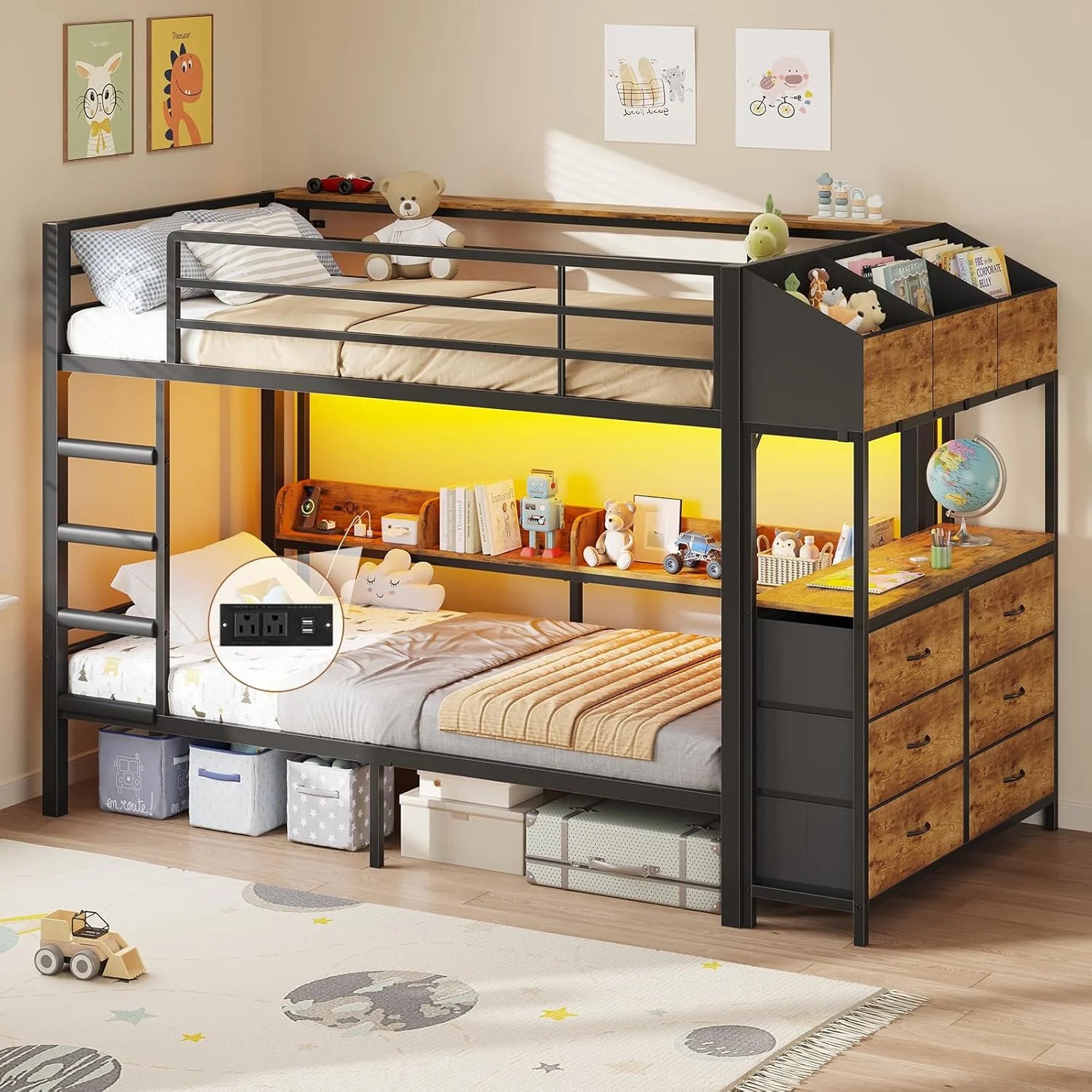 DICTAC Bunk Bed with L-Shaped Desk 5 Storage Drawers and 2 Shelves Metal Twin XL