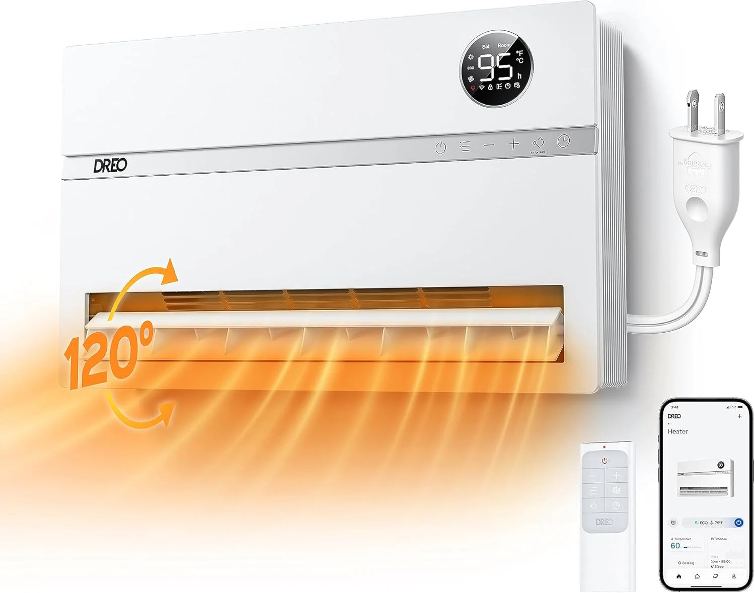 Dreo Smart Wall Heater, Electric Space Heater for Bedroom 1500W, 120�� Vertical Oscillation, Adjustable Thermostat, Remote Control, 24H Timer, Easy-Mount Heater for Indoor Use, Works with Alexa, WH719S