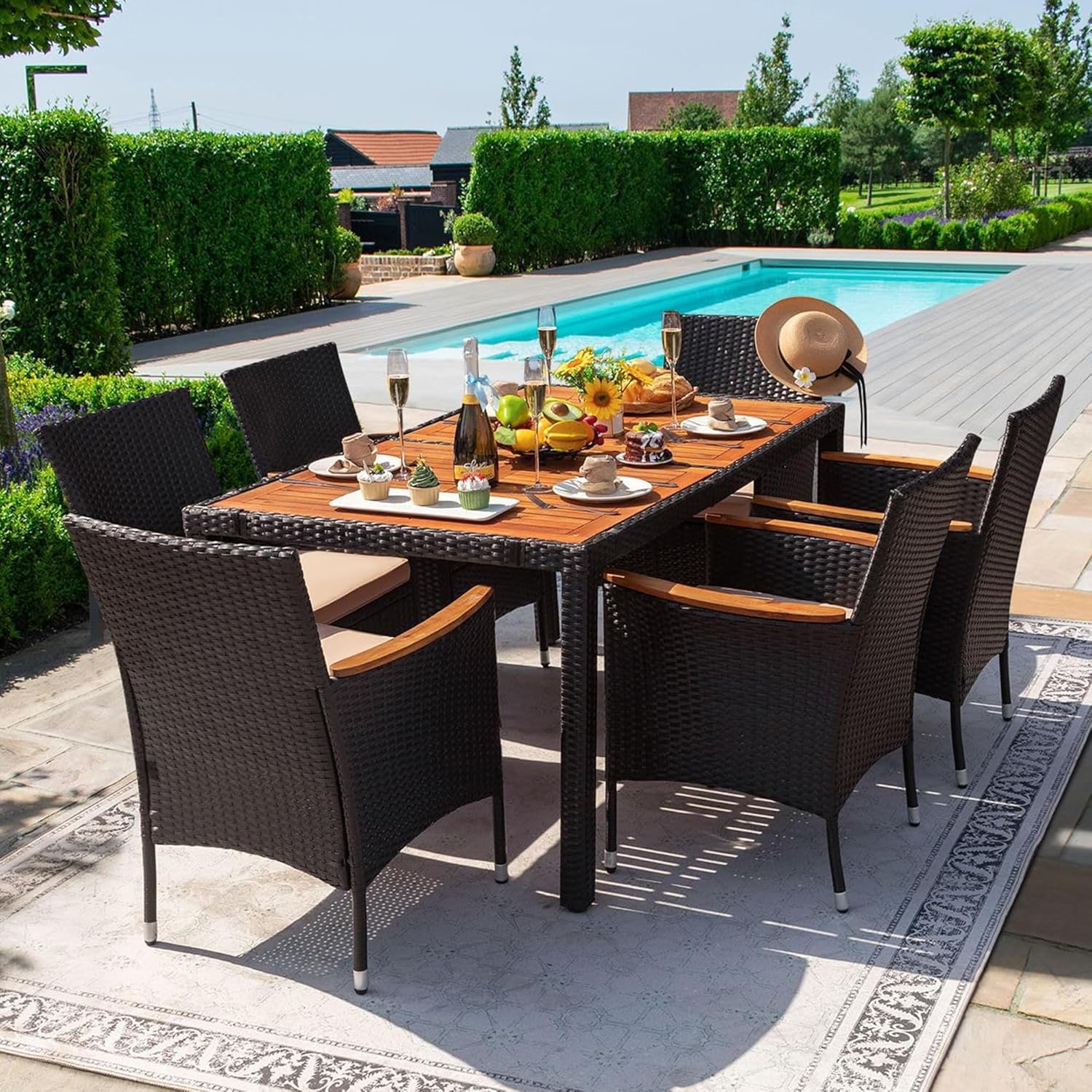 Devoko Dining 7 PCS Furniture Patio Conversation Set with Acacia Wood Table Top Rattan Outdoor