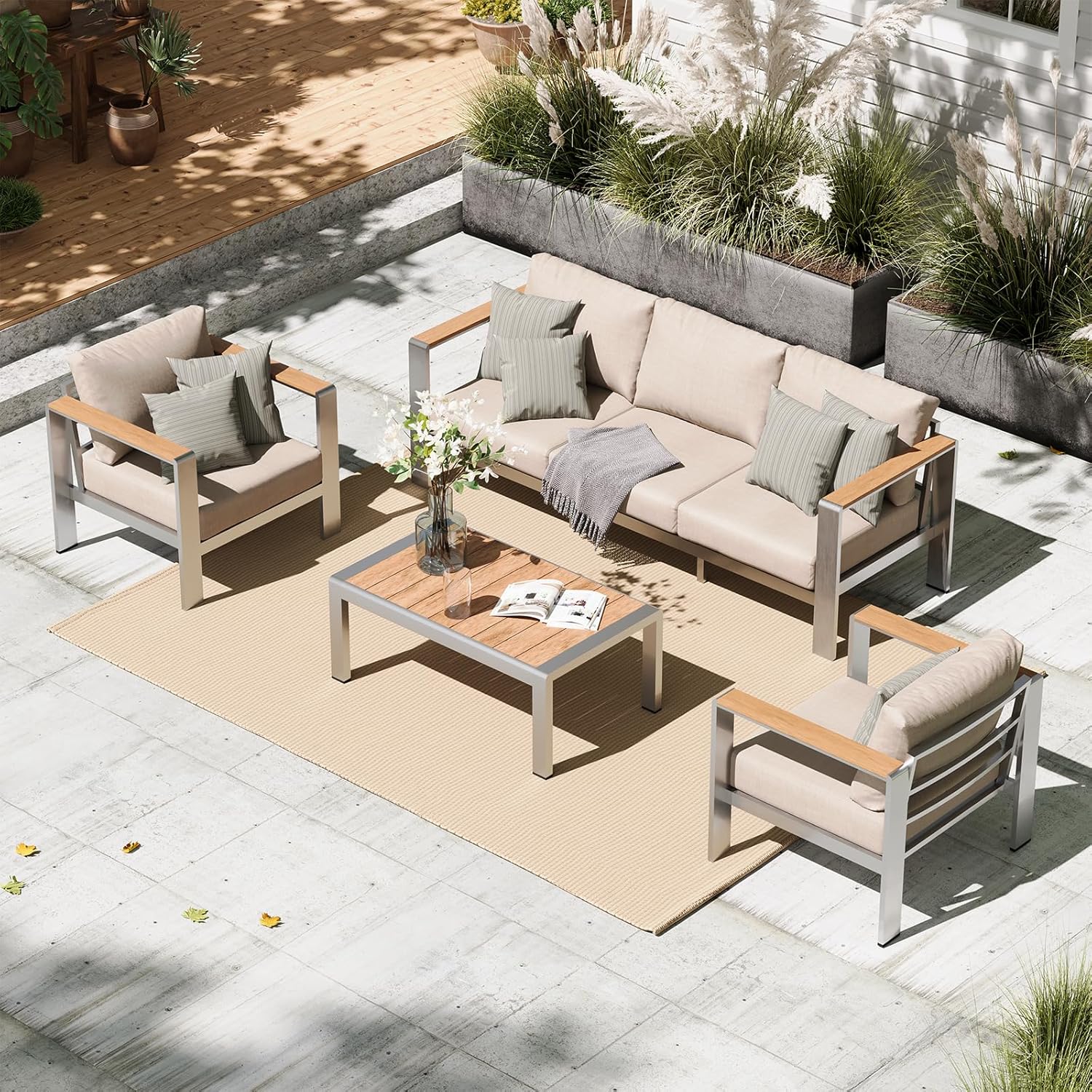 Aluminum Outdoor Patio Furniture Set with Coffee Table, 5 Piece Patio Conversation Sets, Outdoor Sectional Furniture for Porch, Balcony, Yard, Gray