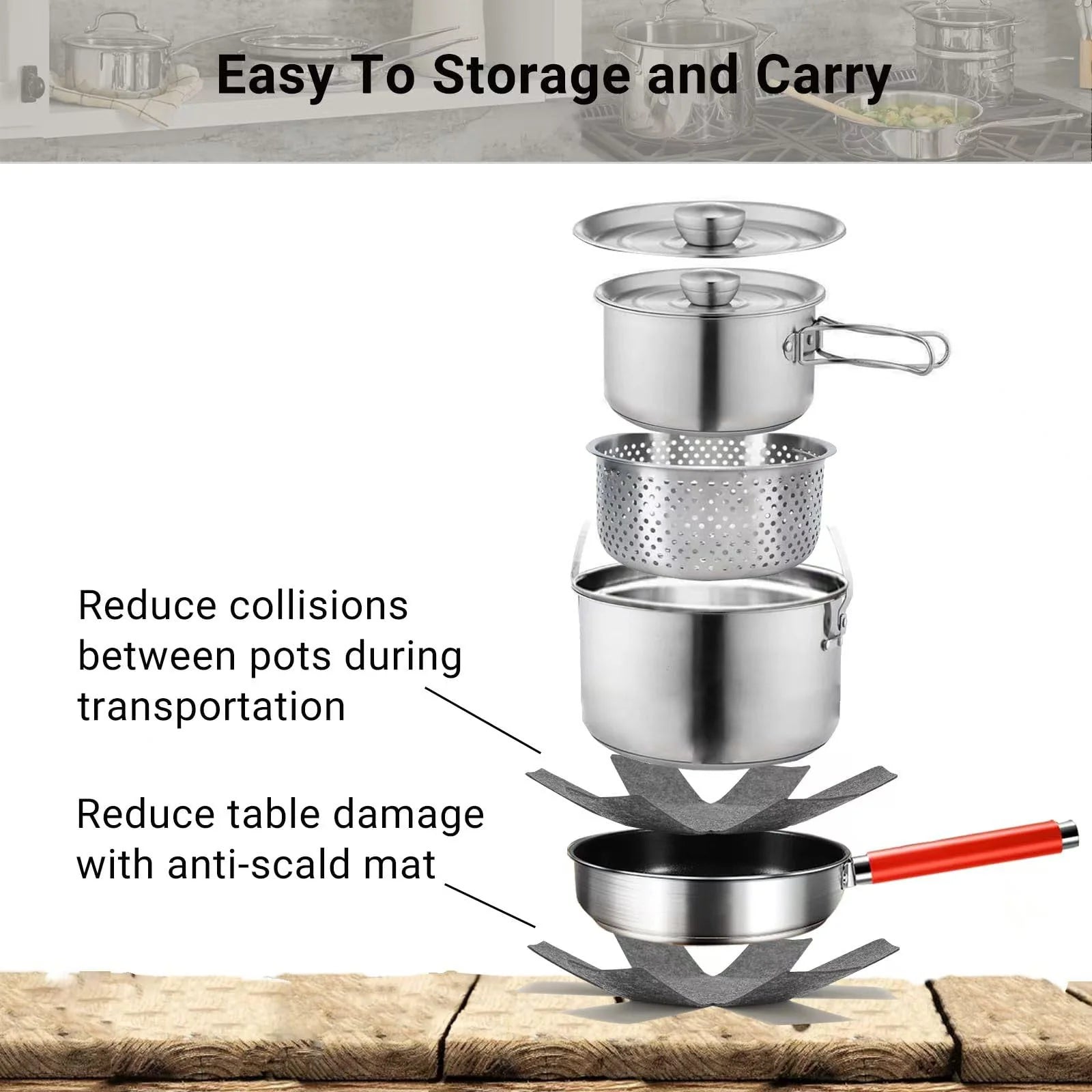 5 Piece Stainless Steel Camping Cookware Set with Colander and Travel Bag for 4 to 6 People