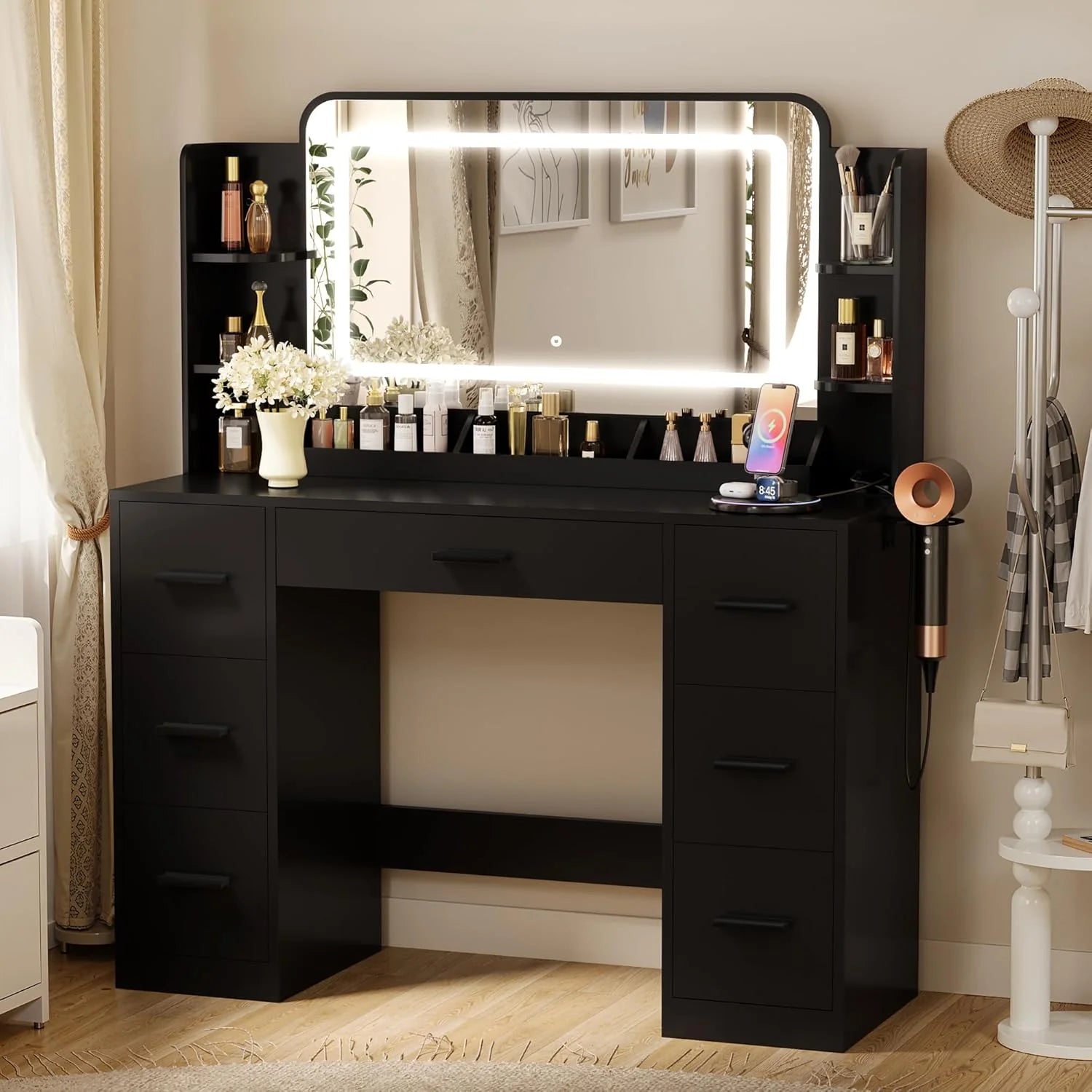 Furmax Vanity Desk with Mirror, LED Lights and Power Outlet Makeup Vanity Table