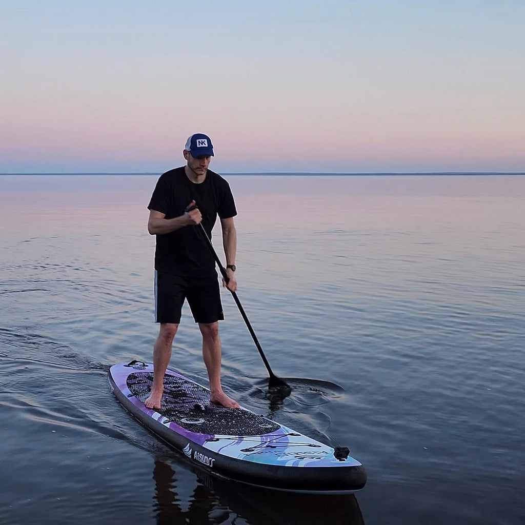 Inflatable wide SUP board with SUP carrying bag, hand pump, 10L waterproof bag and adjustable paddle