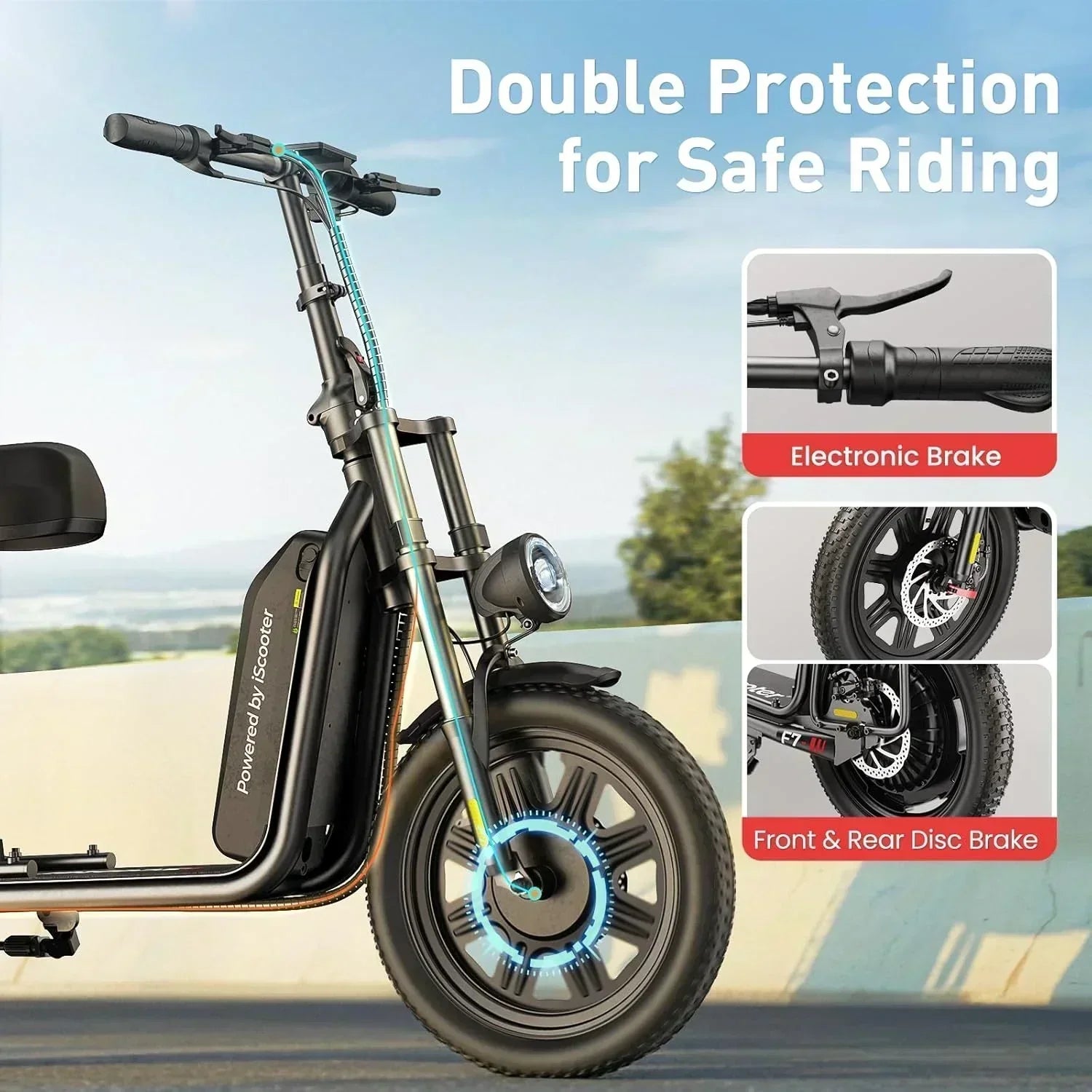 iScooter electric scooter with seat 28/19/15.6 mph top speed dual suspension scooter