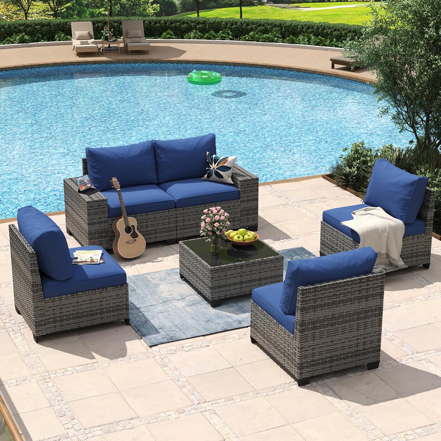 Aoxun 8 Piece Patio Furniture Set with 44?Fire Pit Table Wicker Rattan Outdoor Sectional Sofa Set with Coffee Table and Thickened Cushions, Beige (Waterproof Cover Included)
