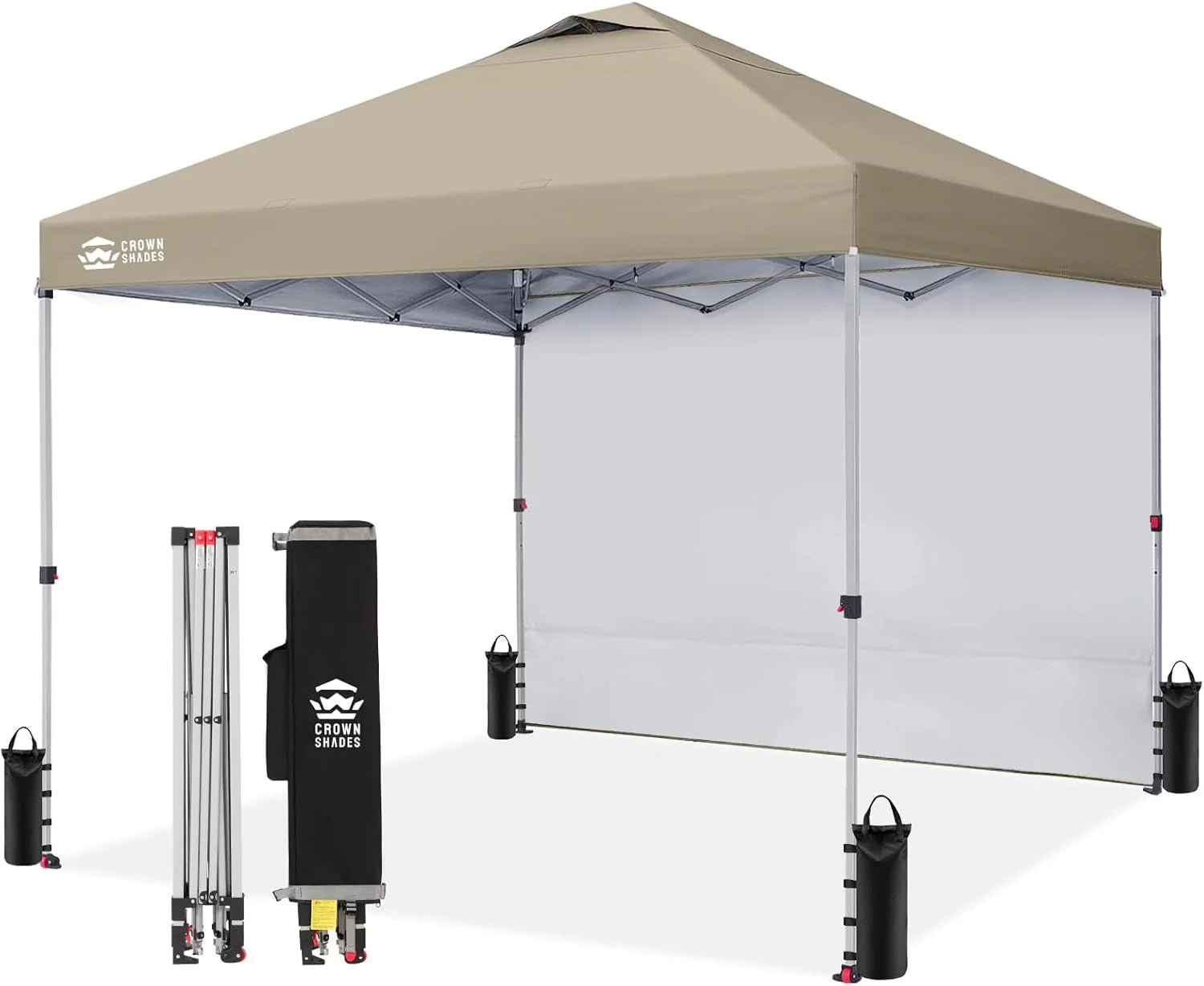 CROWN SHADES 10x10 Pop Up Canopy with 1 Side Wall - Beach Tent with One Push Setup - Outdoor Sun Shade for Events, Parties, Camping - Gazebo with STO-N-Go Cover Bag (White)