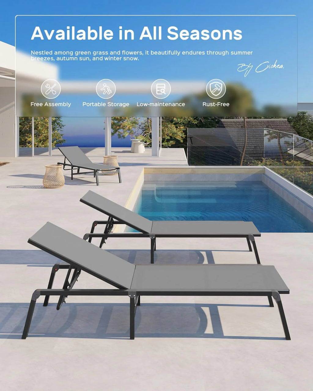 Aluminum Chaise Lounge Ourdoor - Foldable & Assemble Free Outdoor Lounge Chair with 5 Adjustable Backrest, Patio Lounge Chair for Outside Poolside Beach Pool, Black