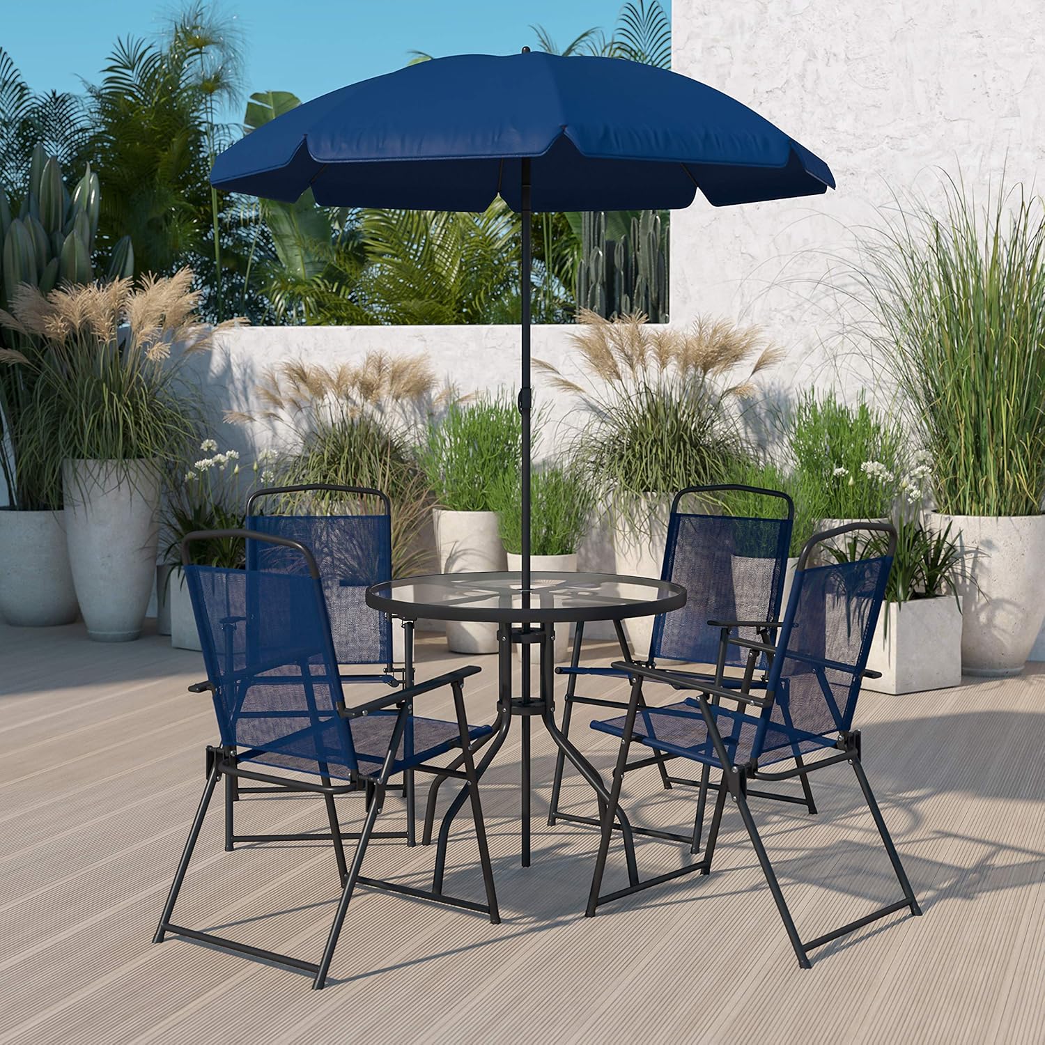 EMMA + OLIVER 6 Piece Brown Patio Garden Set with Umbrella Table Set of 4 Folding Chairs
