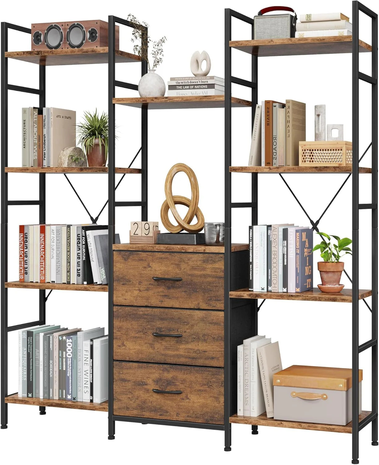 AFLUI Triple Bookshelf 3 Fabric Drawers 4-Tier Book Shelf 10 Display Shelves Industrial Bookcase