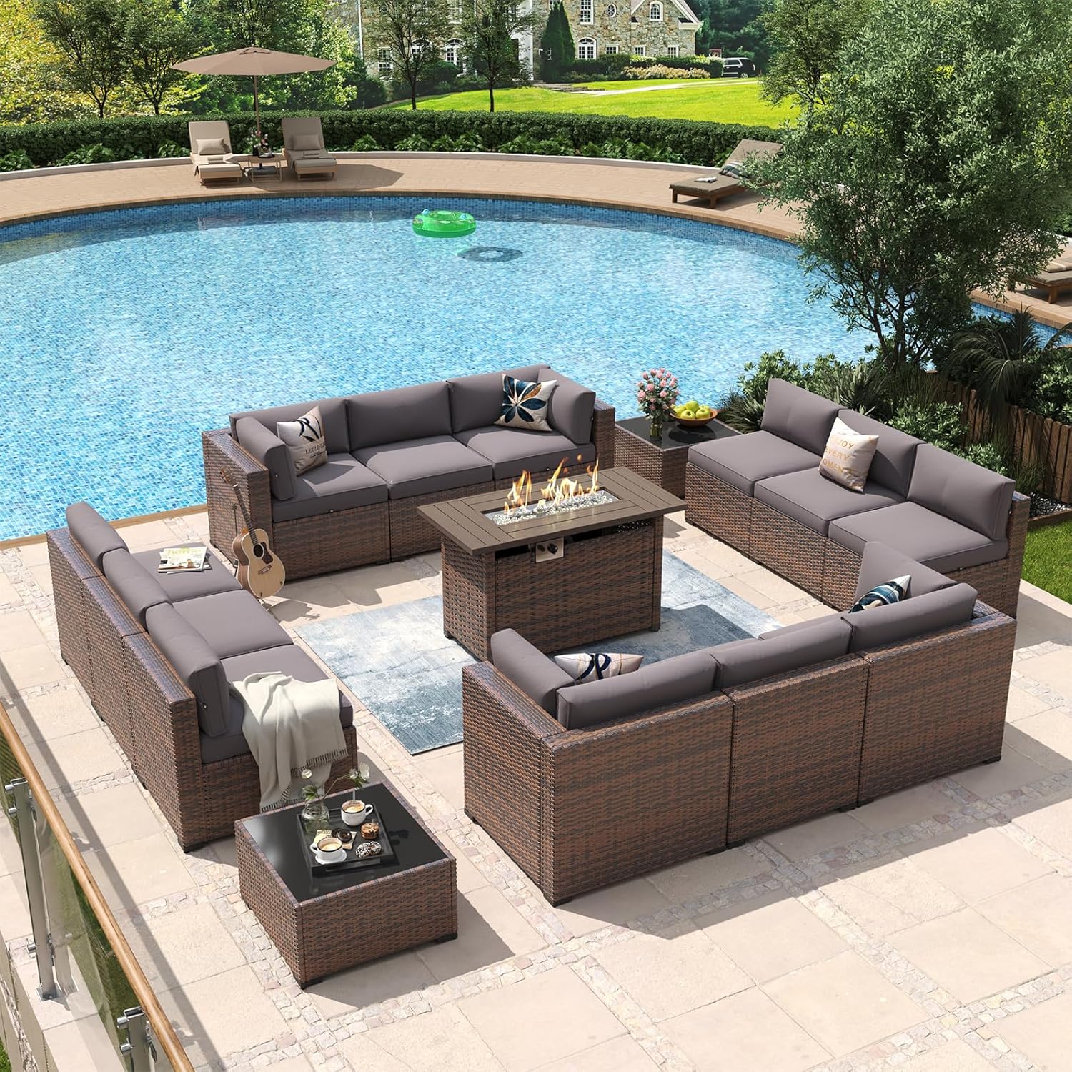 Aoxun 8 Piece Patio Furniture Set with 44?Fire Pit Table Wicker Rattan Outdoor Sectional Sofa Set with Coffee Table and Thickened Cushions, Beige (Waterproof Cover Included)