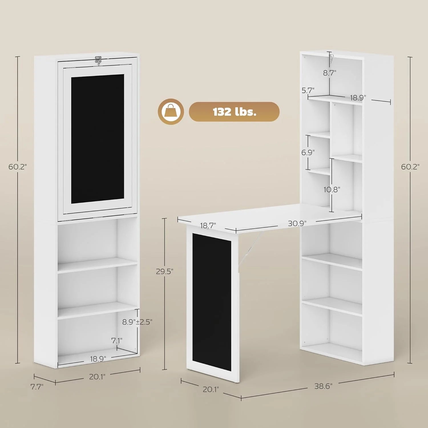 Folding convertible writing desk, wall mounted desk cabinet, multifunctional home office workstation