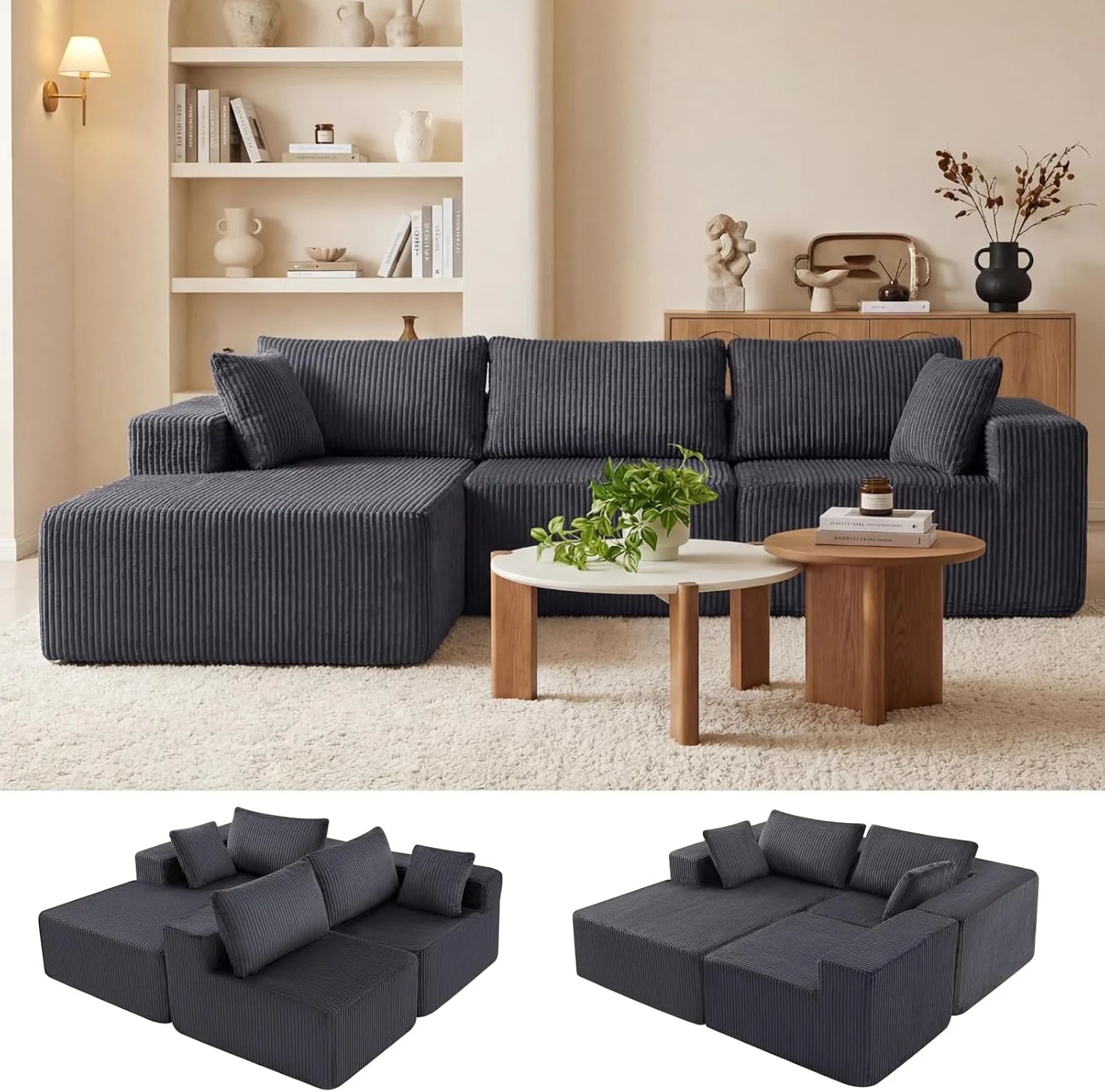 DUMOS 108 Boneless Couch, Cloud Sectional Couch with L-Shape Chaise, Modular Sectional Sofa with Deep Seat, Upholstered Couch for Living Room Bedroom, No Assembly Required (Beige, Left Facing Chaise)