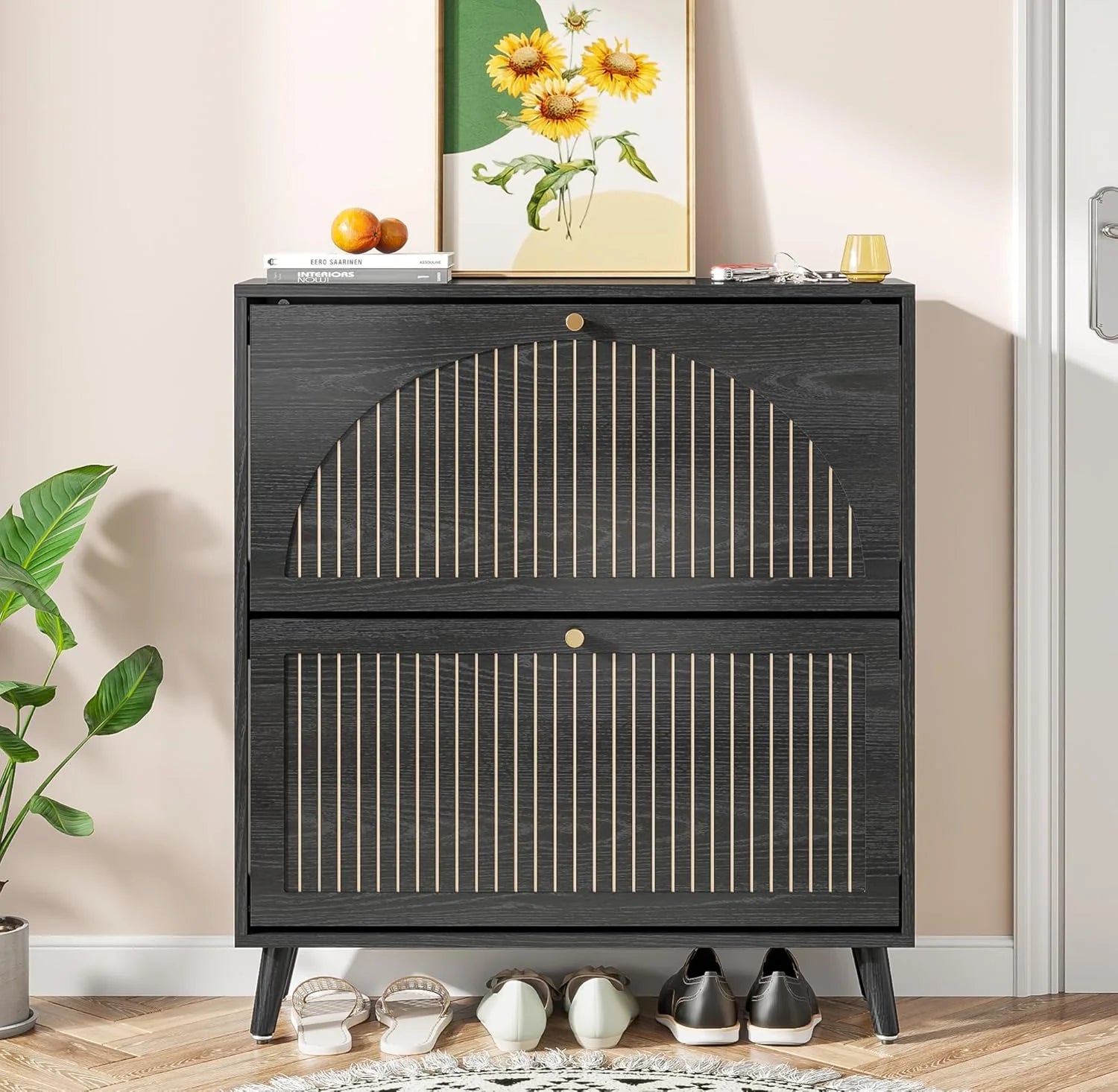 Entrance shoe cabinet with 2 flip-top drawers, narrow wooden shoe cabinet with fluted panels