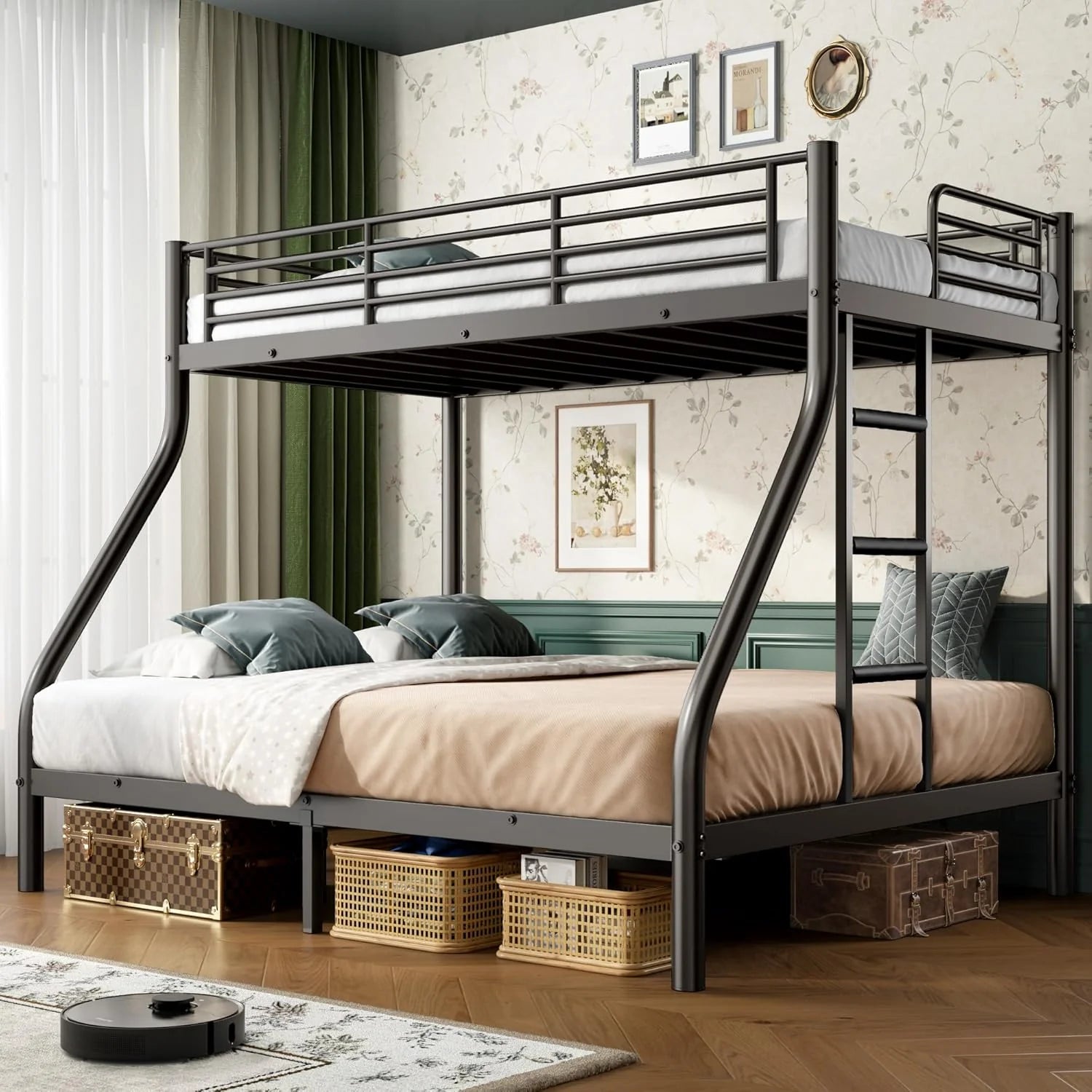 Cyranture Bunk Beds Twin Over Full Size Heavy Duty Bunk Beds Guardrail Metal Bunk Bed Frame