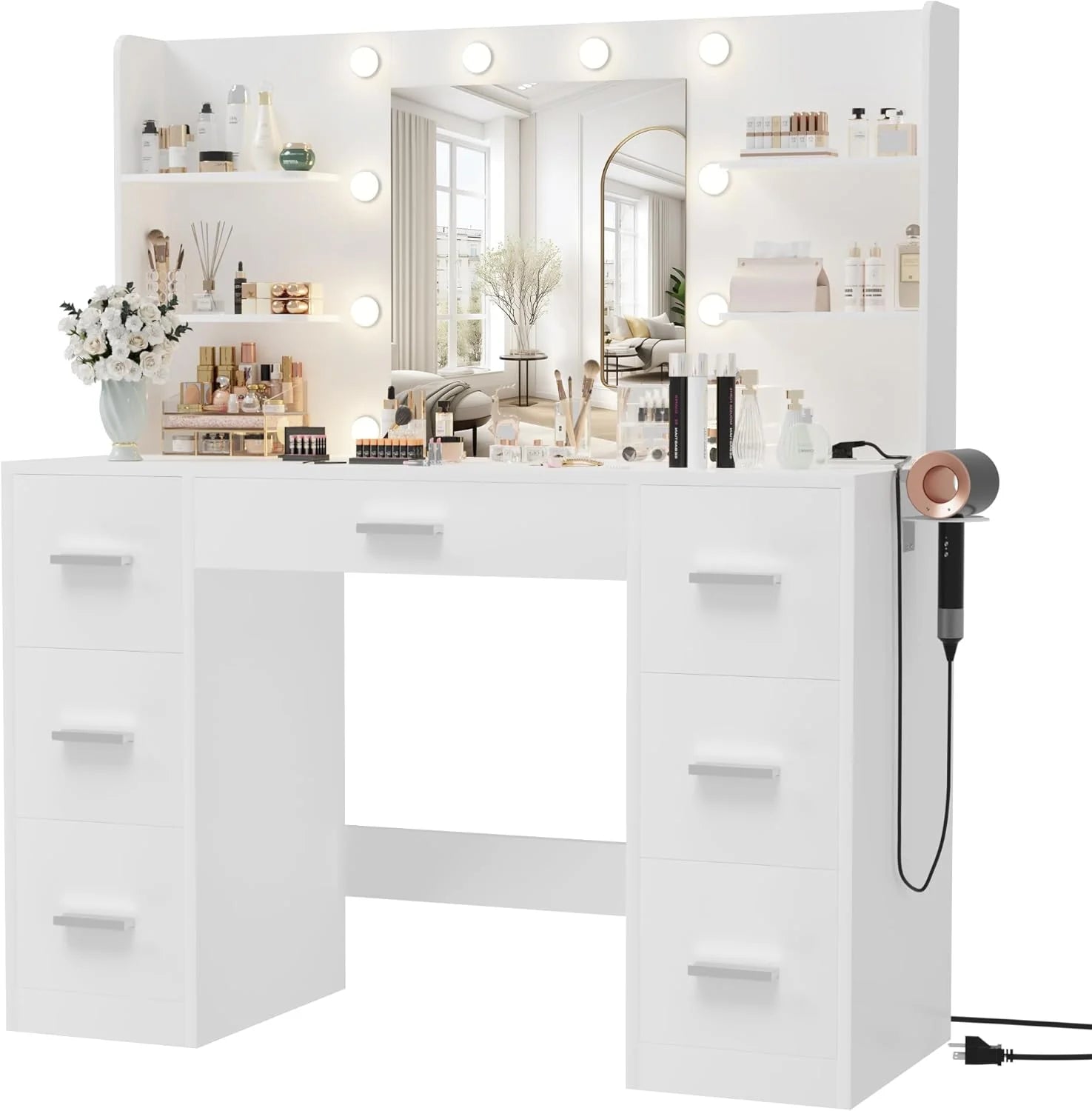 Furmax Vanity Desk with Mirror, LED Lights and Power Outlet Makeup Vanity Table