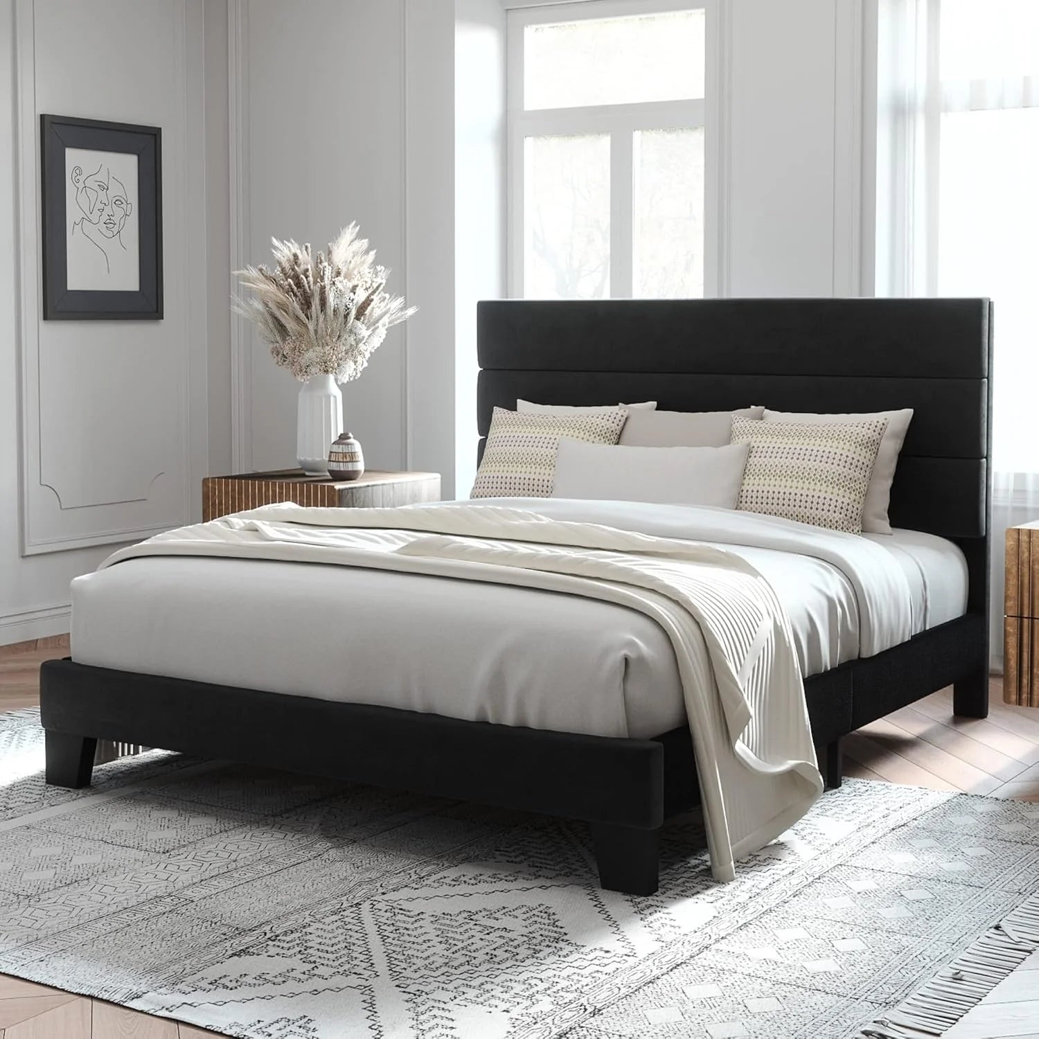 Allewie Queen Size Platform Bed Frame Fabric Upholstered Headboard Wooden Slats Support