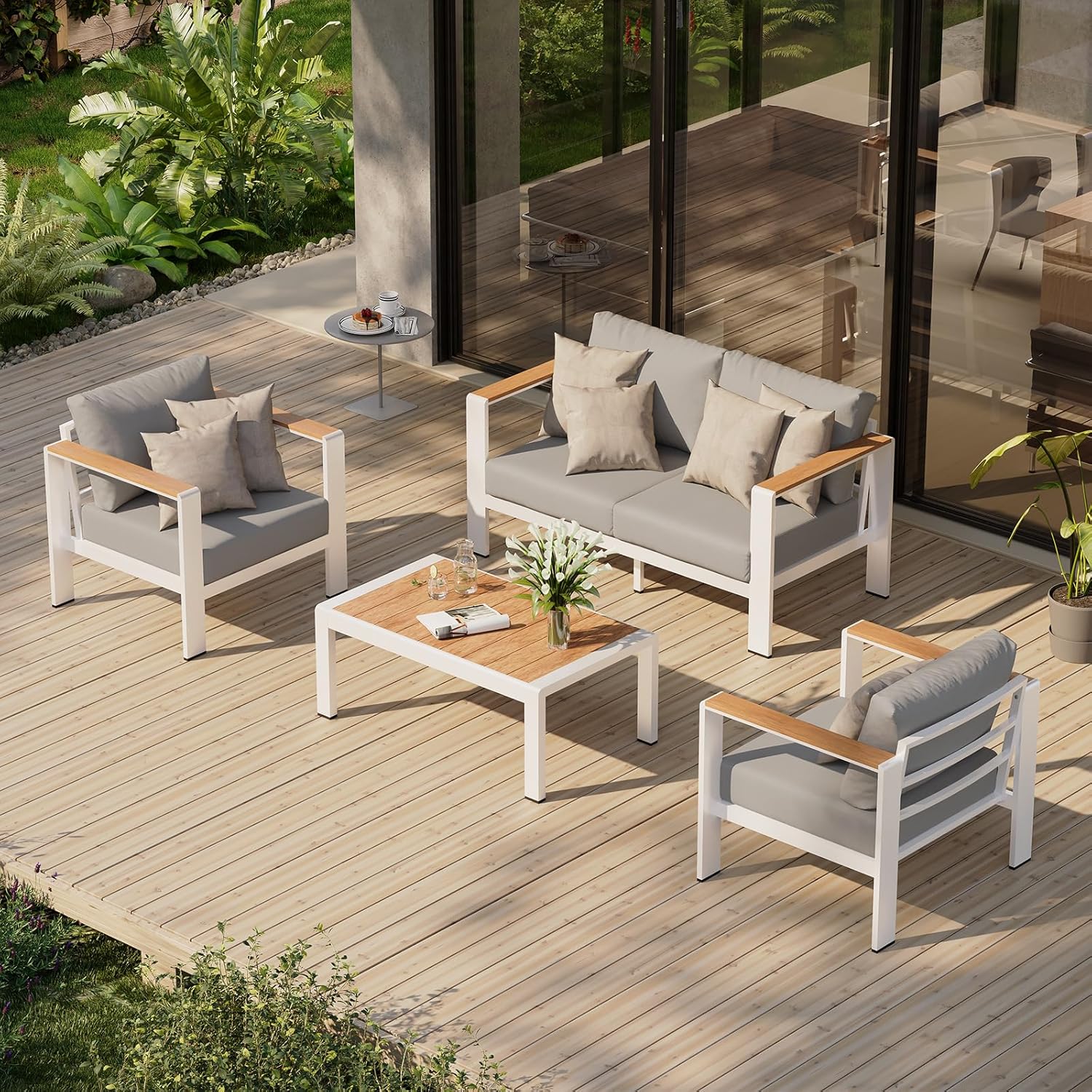 Aluminum Outdoor Patio Furniture Set with Coffee Table, 4 Piece Patio Conversation Sets with Washable Thick Cushions
